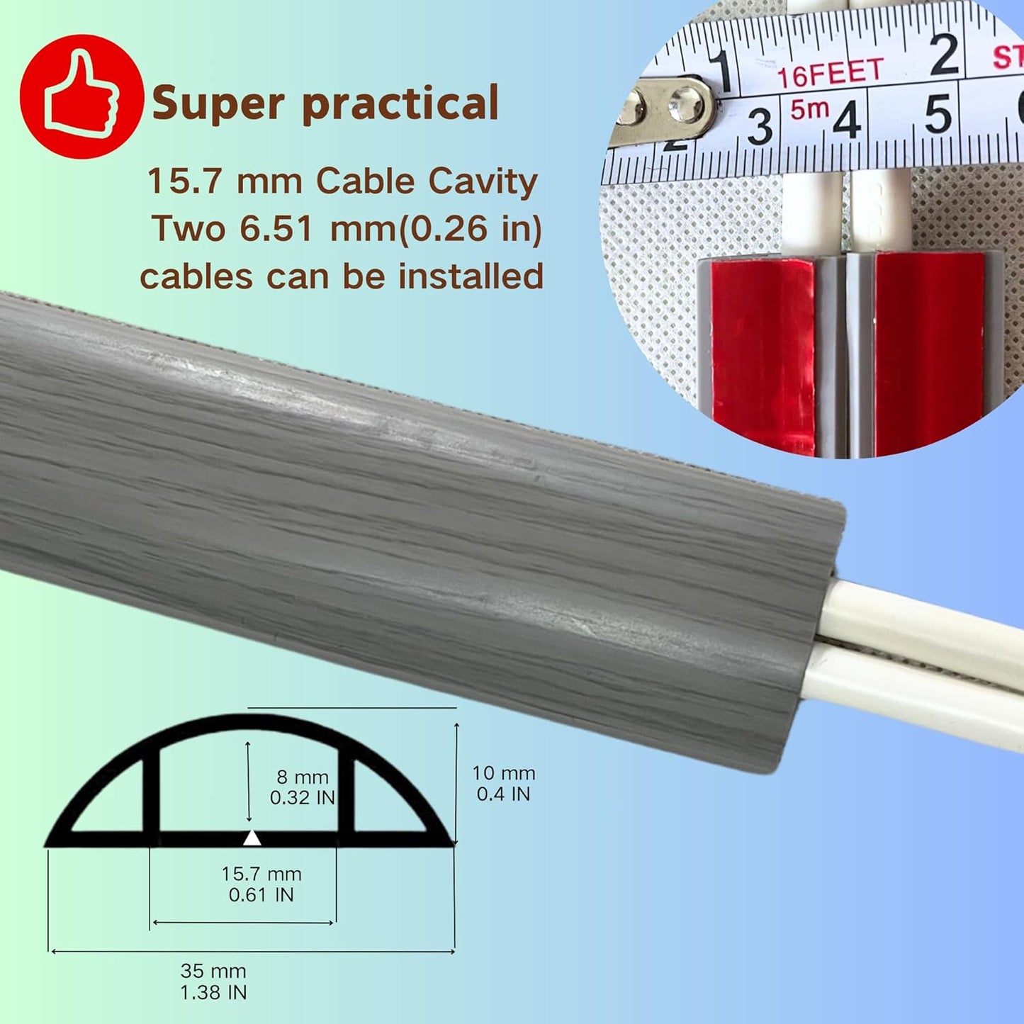 3.3ft Self Adhesive Floor Cord Cover,Heavy Duty Soft PVC Cable Protector and Extension Cord Hider,Cord Management System to Hide Wires on Floor,Cable Cavity:0.61" (W) x 0.32" (H) Gray Wood