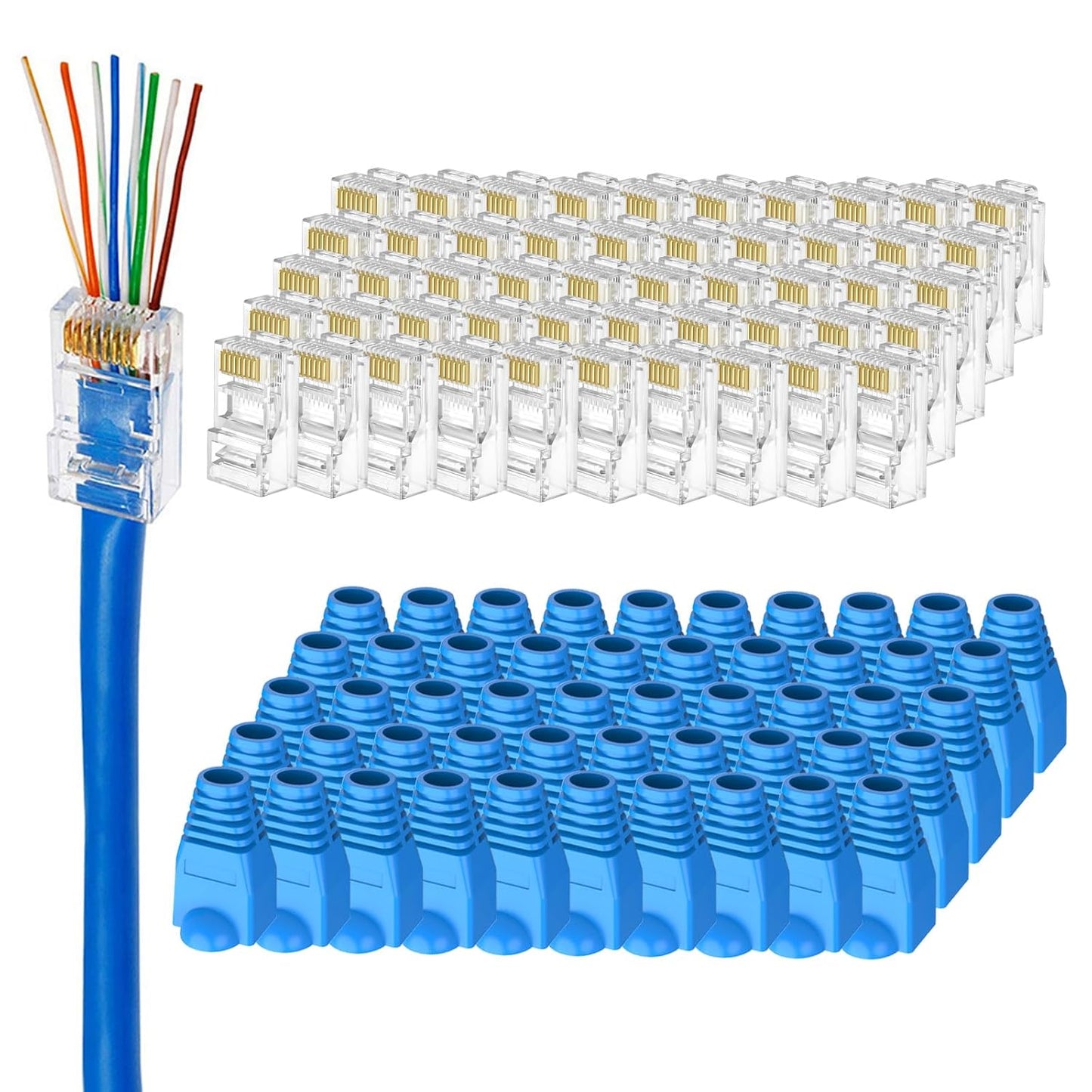 100-Pack Cat 6 Pass Through RJ45 Connectors with RJ45 Boots Cover (Cat6 Connector/ Cat5e Connector/Ethernet Ends/Cat 6 Ends/ RJ45 Modular Plugs) for Solid or Stranded UTP Cable