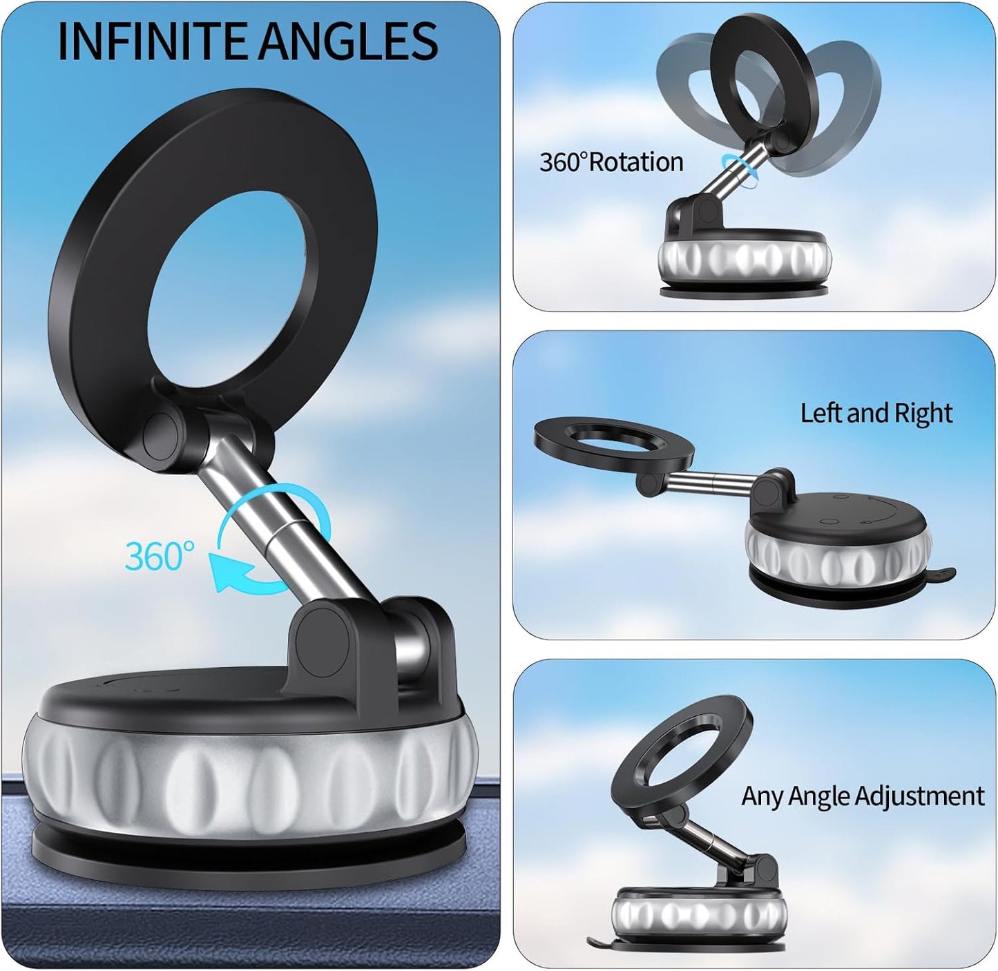 Vacuum Suction Magnetic Phone Holder, 2025 Upgraded Foldable Retractable Suction Cup Mount Magnetic Phone Mount for Your Car, 360° Adjustable Cell Phone Stand for Cars /Gyms/Mirrors/Smooth Surface