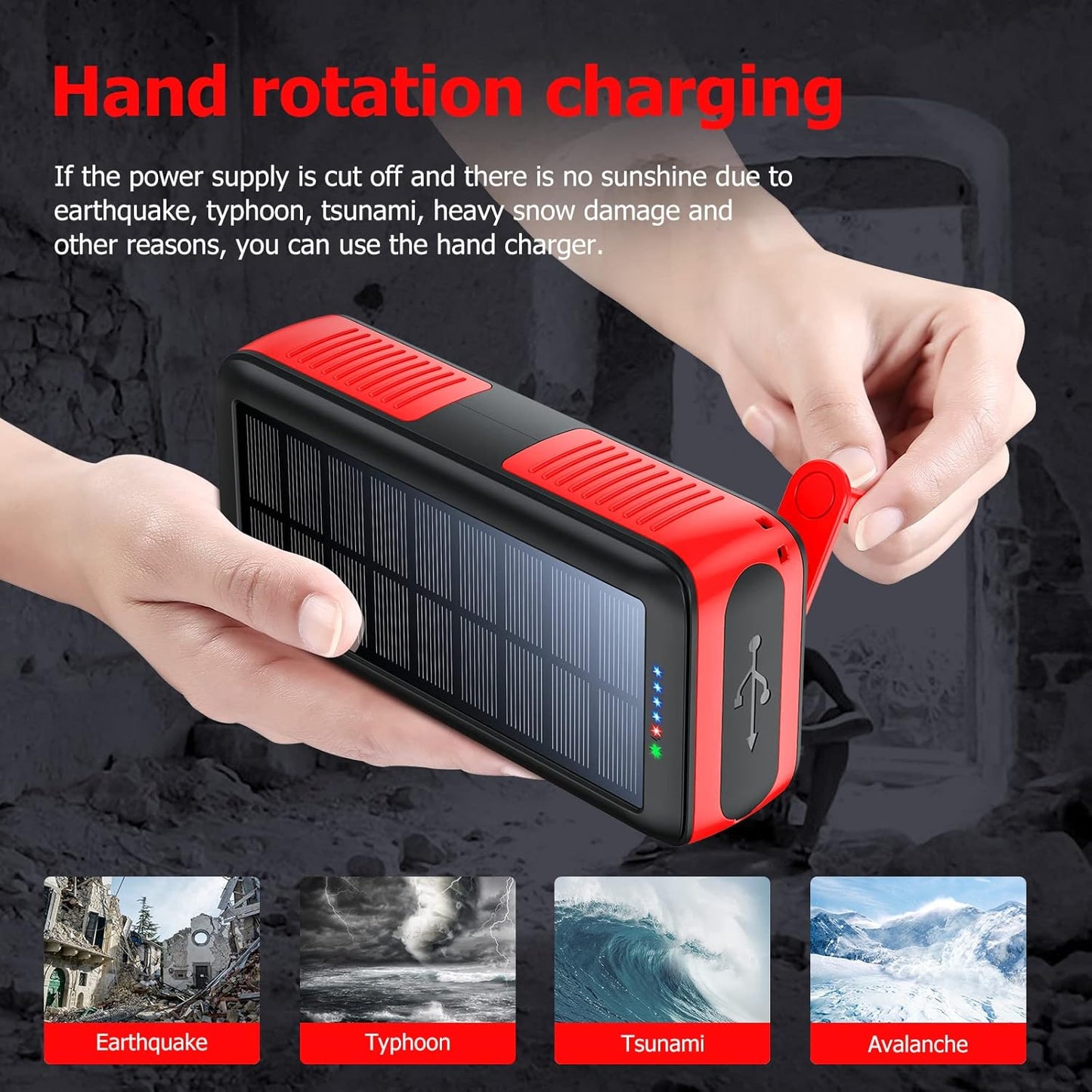 Solar Charger Power Bank 63200mAh, Portable Charger with Dual Outputs & Dual Inputs 4 LEDs Flashlight, Hand Crank Power Bank Fast Charging Battery Pack for Outdoor Camping Survival Gear