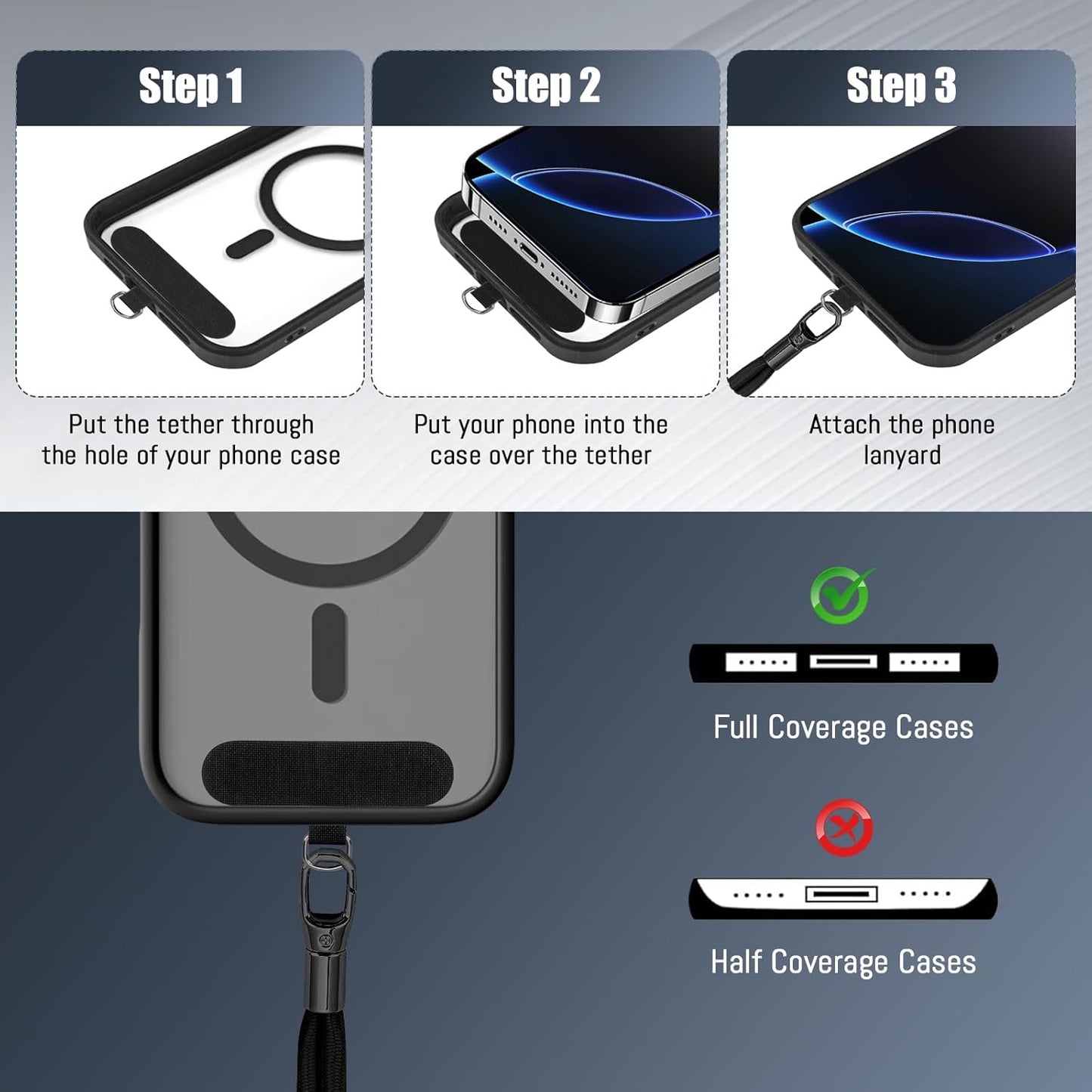 Phone Lanyard 2 Pack, 2x Adjustable Crossbody Phone Strap, 2x Tether Tab, Anti-theft Universal Cellphone Multifuctional Patch Lanyards for iPhone & Most Smartphones, Black+Black