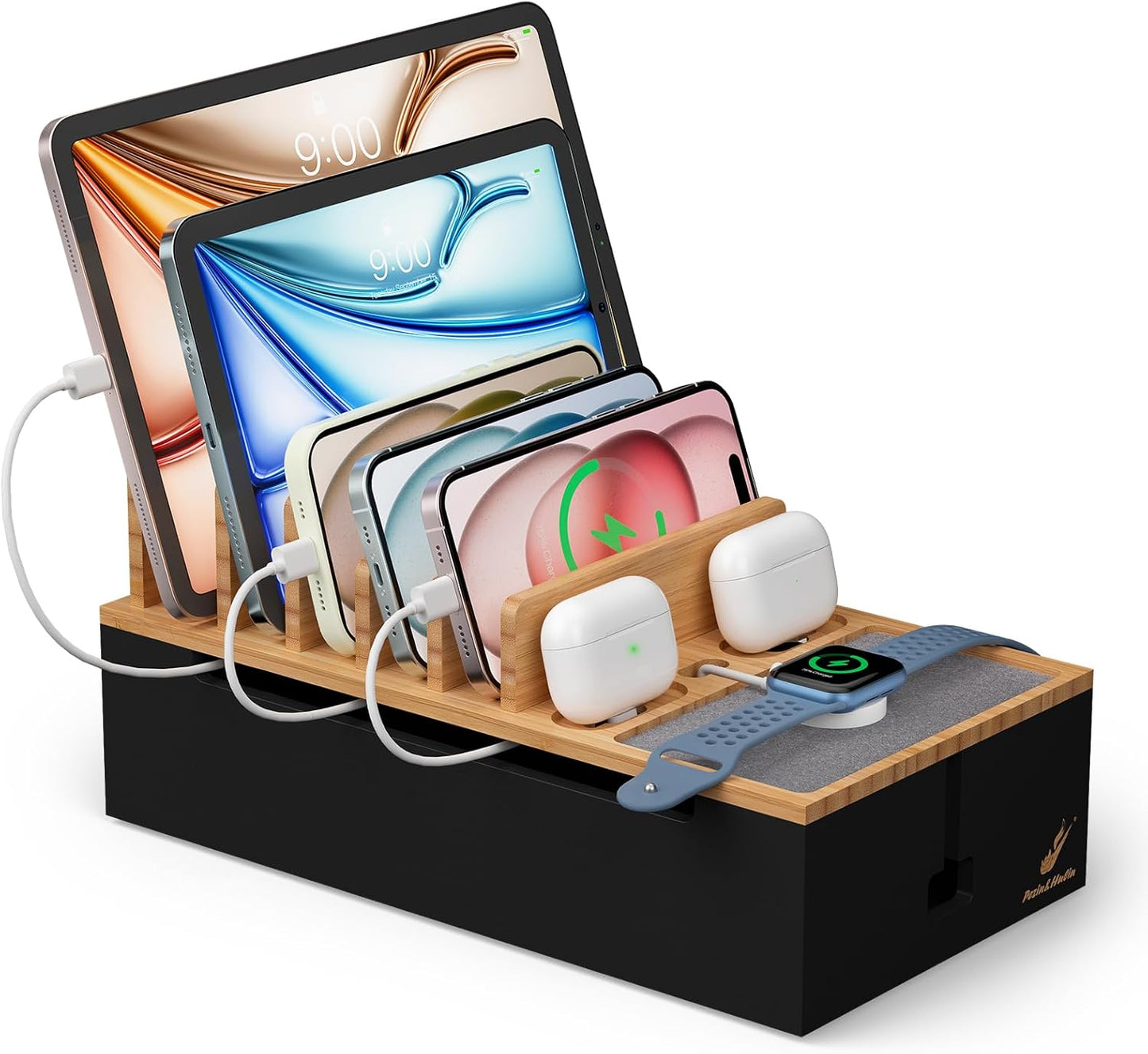 Pezin & Hulin Cord Organizer Box, Surge Protector Organizer, Device Charger Station for Phones & Tablets, Wood Charging Dock -with 6 Wire Cables, BUT NO Power Supply - Natural + Black