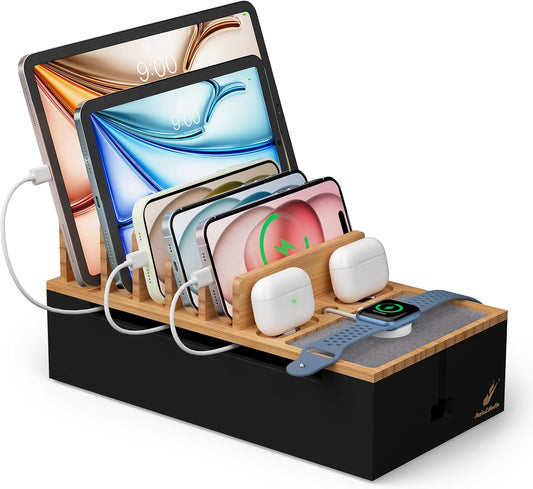 Pezin & Hulin Cord Organizer Box, Surge Protector Organizer, Device Charger Station for Phones & Tablets, Wood Charging Dock -with 6 Wire Cables, BUT NO Power Supply - Natural + Black