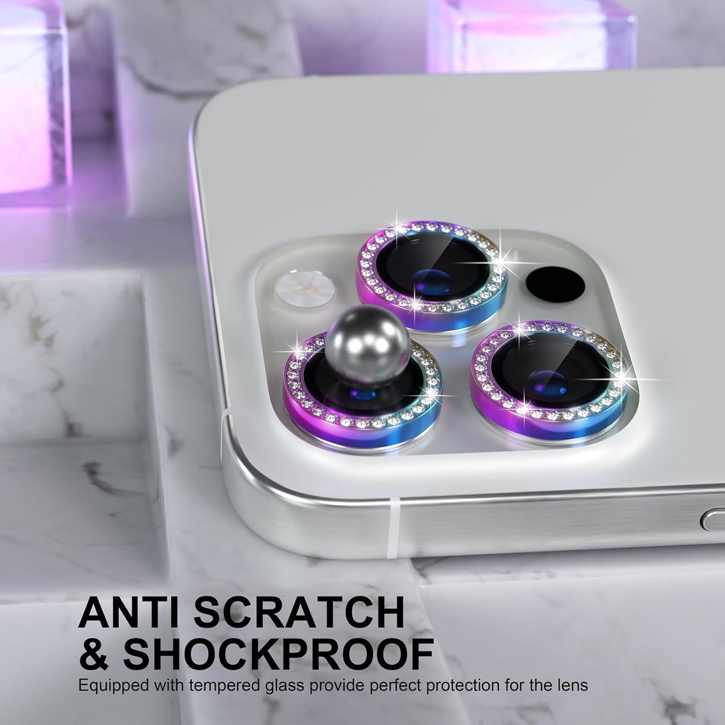 Choiche Compatible for iPhone 16 Pro/iPhone 16 Pro Max Camera Lens Protector Bling, 9H Tempered Glass Camera Cover Screen Protector Metal Ring Decoration Accessories (Diamond-Colorful)