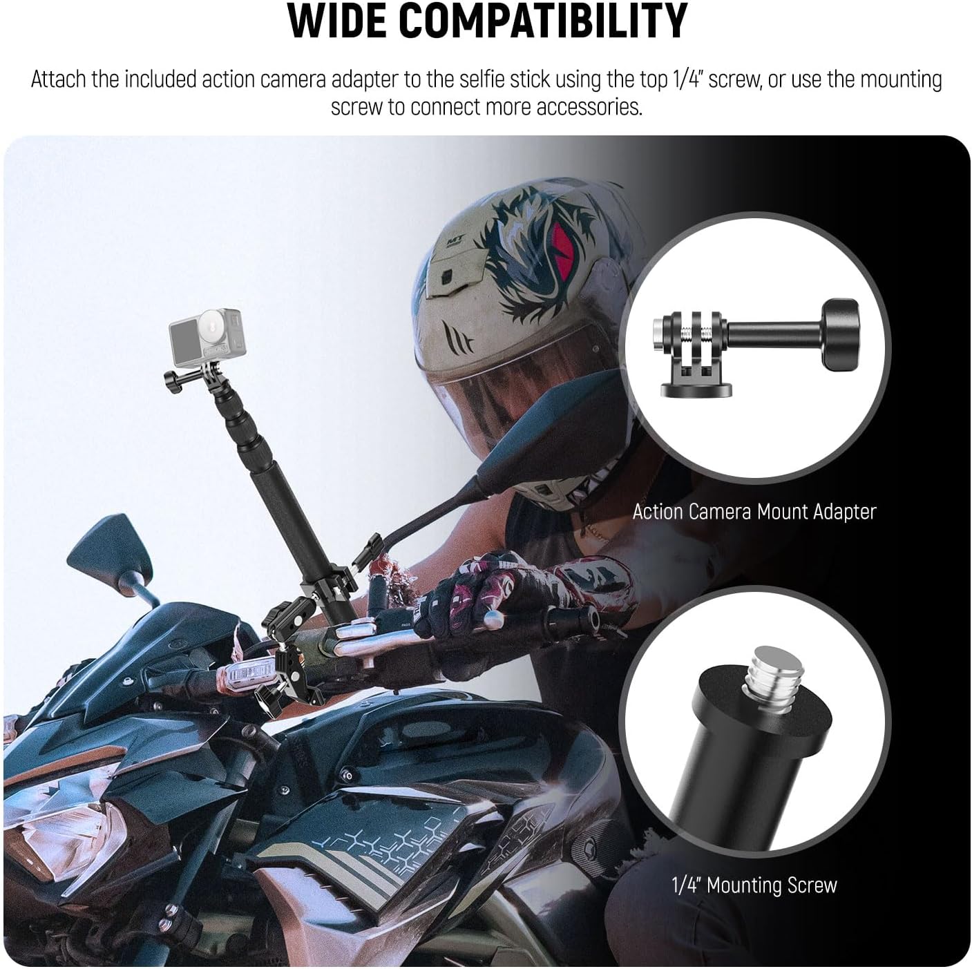 NEEWER Motorcycle Camera Mount Kit, Bicycle Handlebar Invisible Selfie Stick, 360° Ball Heads, Super Clamps & Cleaning Cloth, Compatible with GoPro Insta360 DJI AKASO Action Cam Video Recording, GP-30