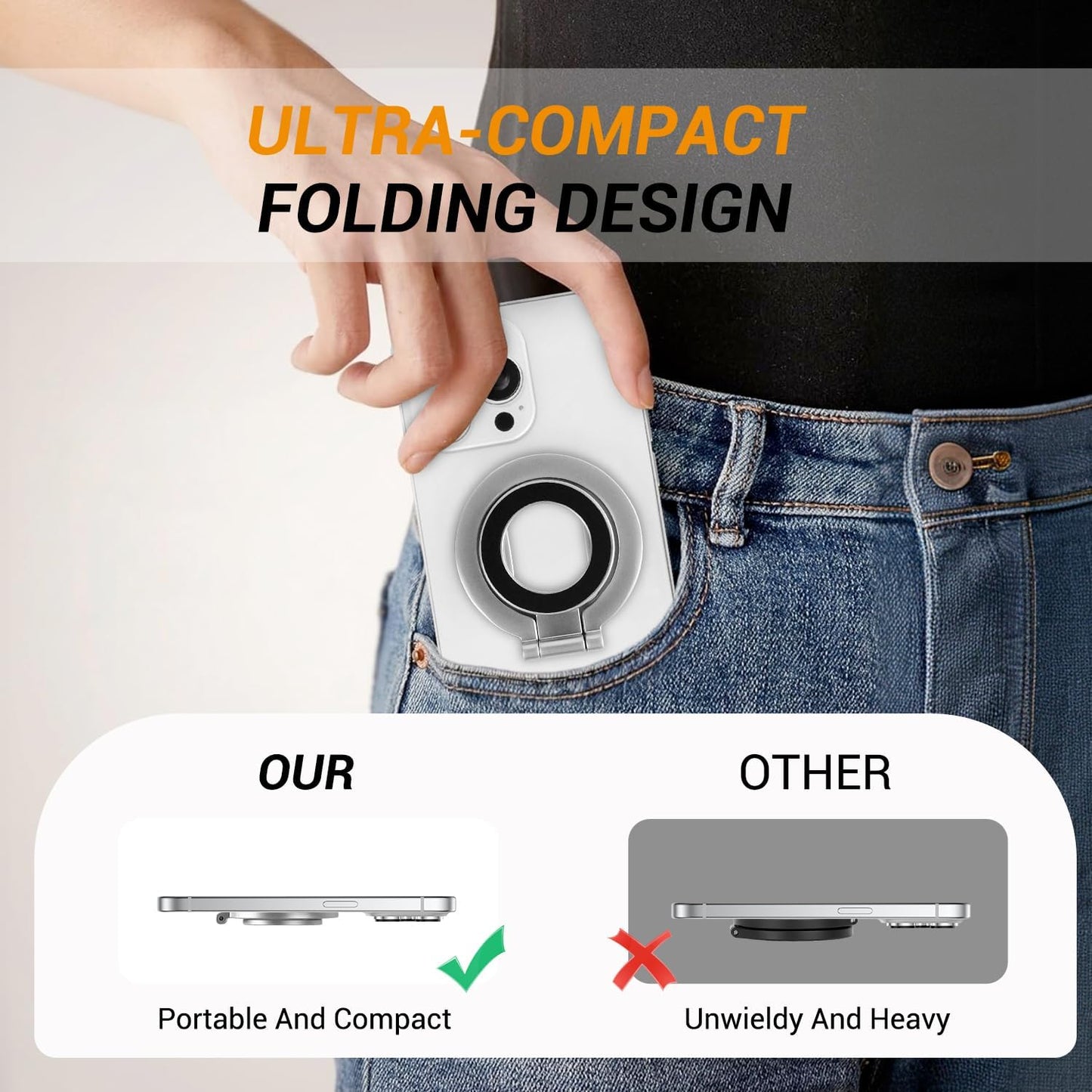 Magnetic Ring Holder Grip, Adjustable Magnet Phone Ring Stand, Multi-Angle Stability Kickstand, Strong Double Sided Magnetic Phone Grip, with Magnet Ring for Phone Case, Silver