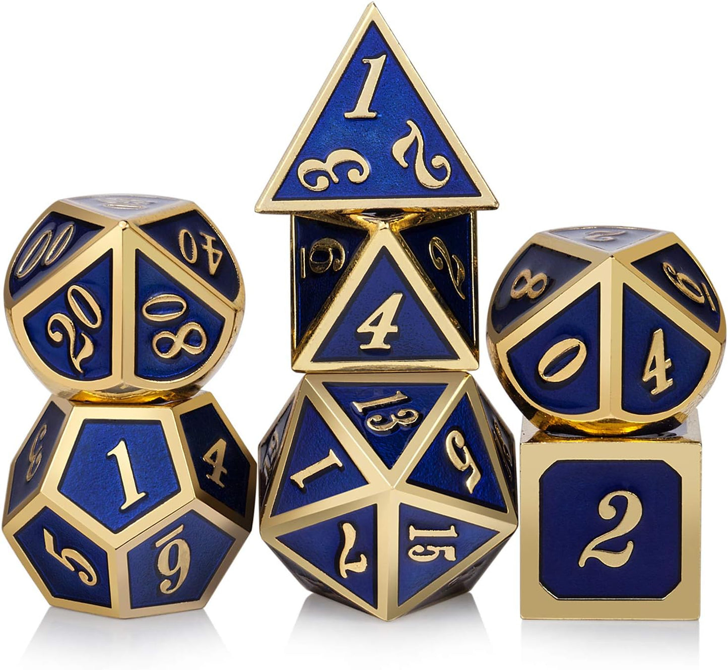 DnDnD Heavy Polyhedral Metal Dice Set with Metal Box, 7-die Shiny Blue Surface with Golden Number for RPG,Dungeons and Dragons,Pathfinder,Shadowrun,D&D,Role Palying Game and Math Teaching