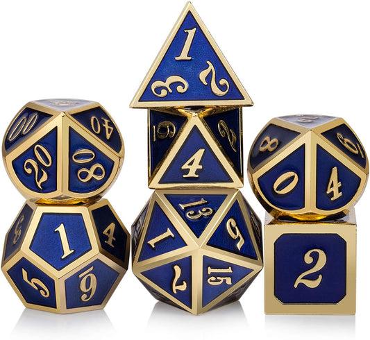 DnDnD Heavy Polyhedral Metal Dice Set with Metal Box, 7-die Shiny Blue Surface with Golden Number for RPG,Dungeons and Dragons,Pathfinder,Shadowrun,D&D,Role Palying Game and Math Teaching