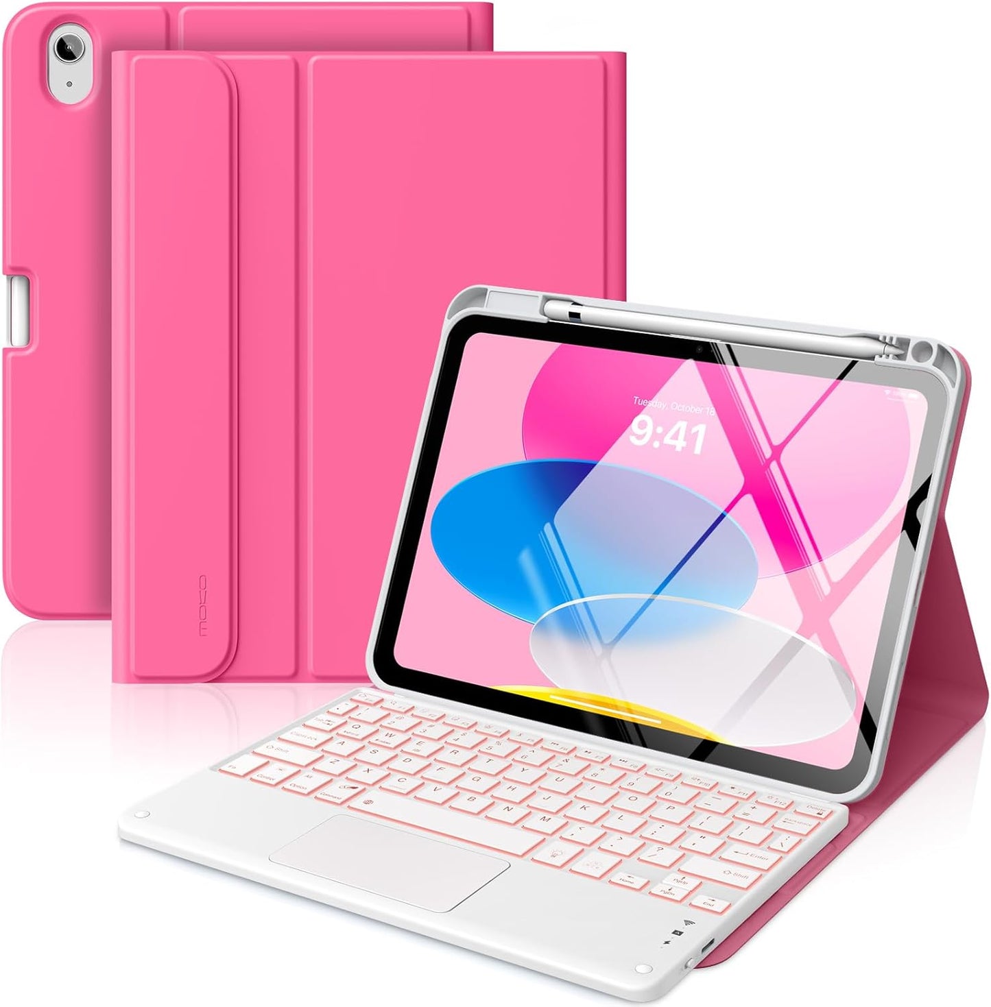 MoKo Touch Keyboard Case for iPad (A16) 11th Generation 11 inch 2025, iPad 10th Generation 10.9 inch Case with Pencil Holder, 7 Colors Backlit Multi-TrackPad Detachable Bluetooth Keyboard,Persian Pink