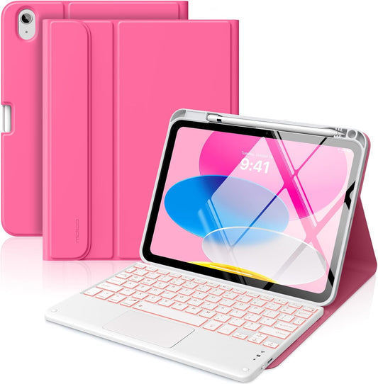MoKo Touch Keyboard Case for iPad (A16) 11th Generation 11 inch 2025, iPad 10th Generation 10.9 inch Case with Pencil Holder, 7 Colors Backlit Multi-TrackPad Detachable Bluetooth Keyboard,Persian Pink