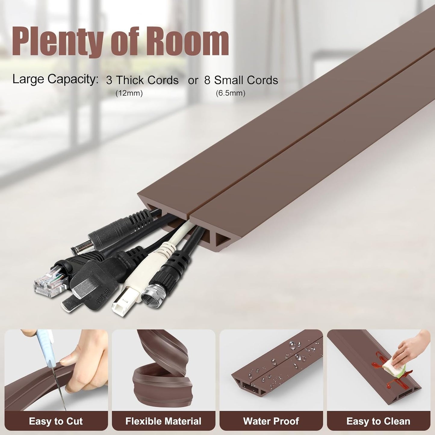 Eapele 6.5 ft Floor Cord Cover Heavy Duty Cable Protector, Cord Covers for Wires on Floor, Floor Cable Cover Easy to Unroll Prevent Trip Hazard for Home Office or Outdoor Settings (Brown)