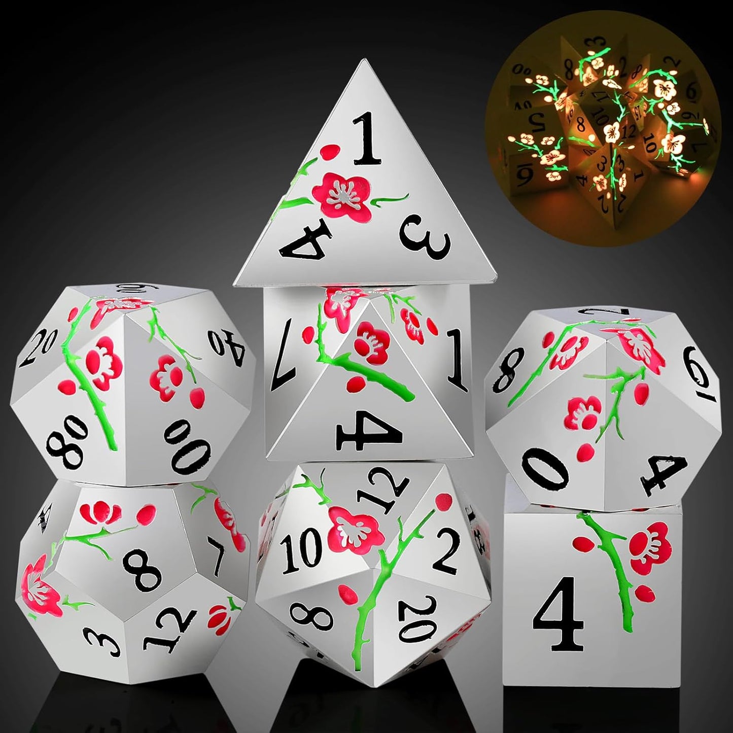Metal DND Dice, DNDND 7 PCS Glow in The Dark Metallic D&D Dice Set with Gorgeous Gift Case for Dungeons and Dragon Tabletop Game (Glow in The Dark Pink)