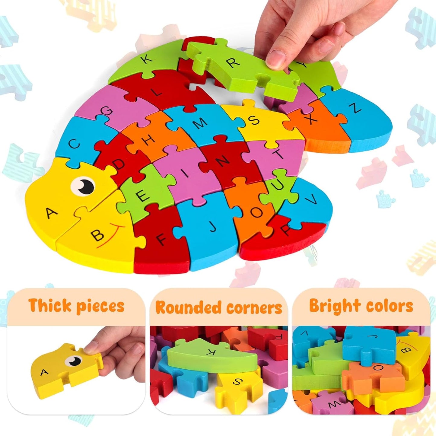 LovesTown Goldfish Wooden Puzzle for Kids, Alphabet and Number Jigsaw Puzzle Montessori Learning Blocks, Educational Preschool Toys for Toddlers, 26 PCS