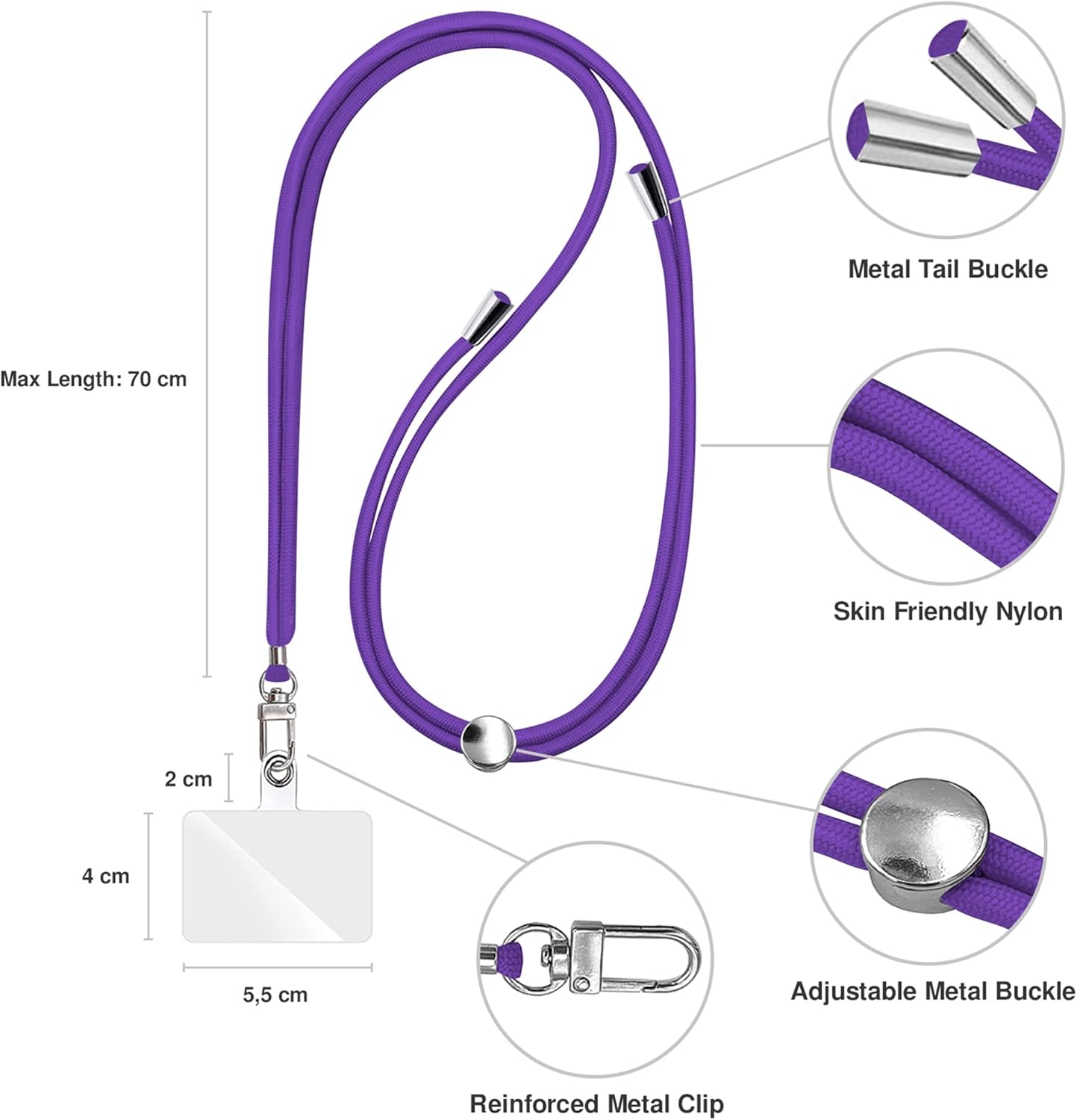 Cell Phone Lanyard [Purple] - Comfortable Universal Smartphone Lanyard - Easy to Use Neck Phone Holder [Clear Patch] - Adjustable Length Phone Strap Crossbody - Fits All Mobile Phones