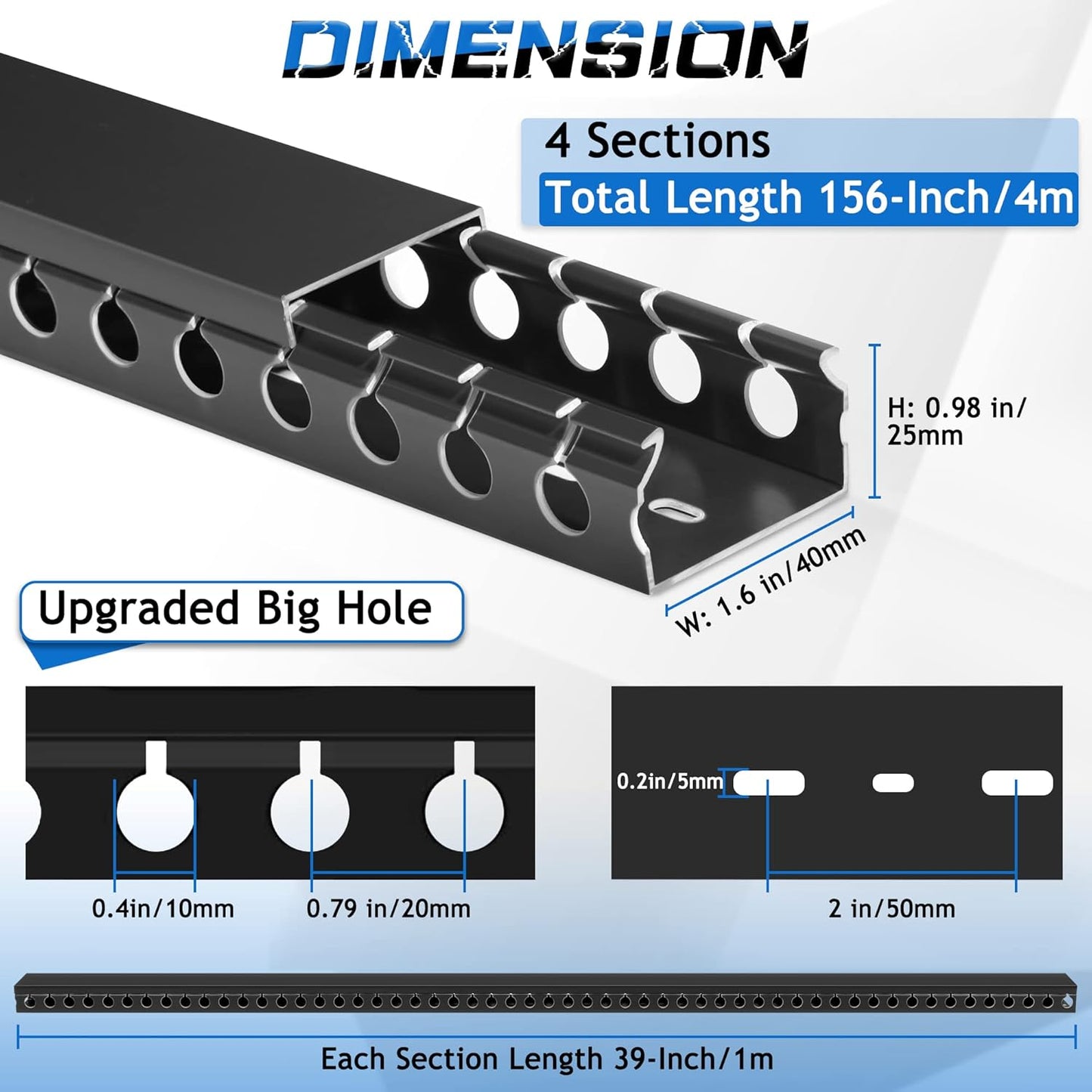ZhiYo Cable Raceway 156in(4X L39in), Server Rack Cable Management Under Desk Cord Organizer, Electrical Safe PVC Cable Channel Open Slot Wire Raceway for Network/PC/TVs, Wire Duct H1 x W1.6in Black