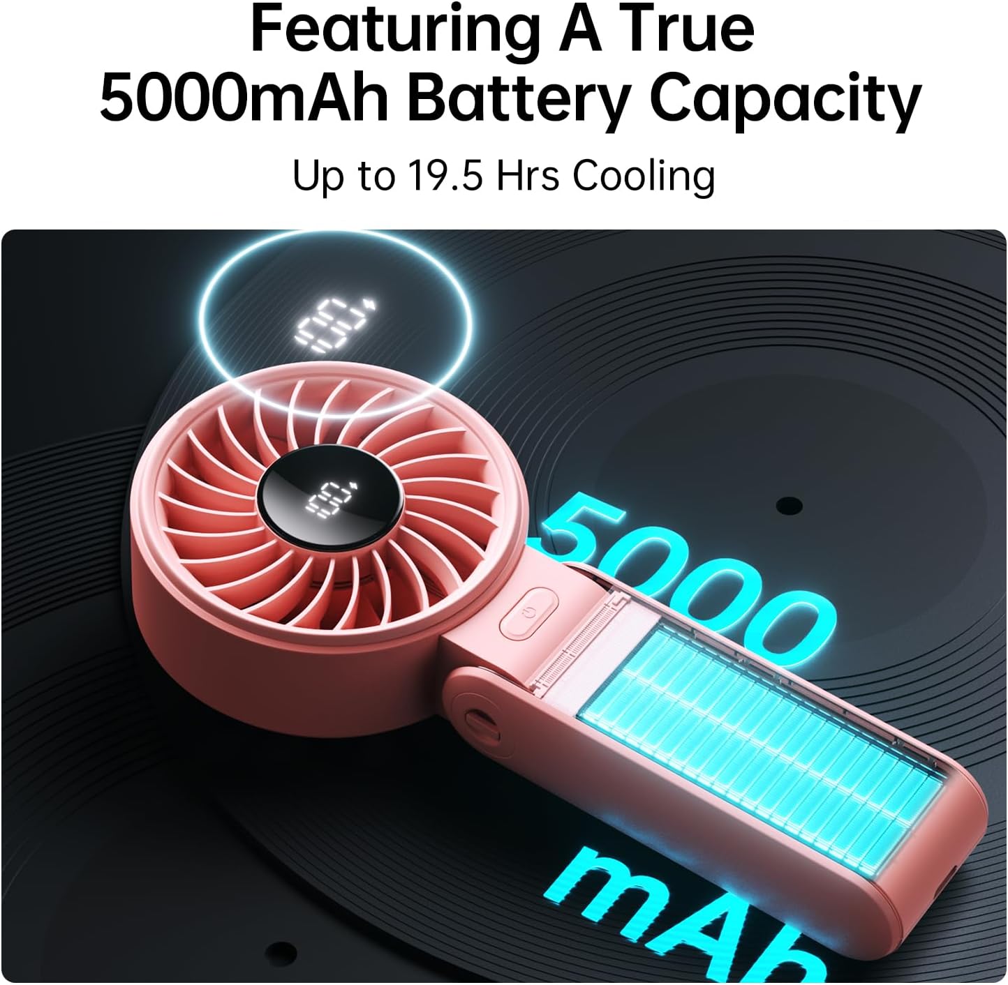 JISULIFE Handheld Fan Life7 – Ultimate Flexibility: High-Power Motor, LED Display, 19.5 Hrs Cooling, 5000mAh Rechargeable, 5-Speed, Foldable Design, 3-IN-1 Portable Fan for Travel Cruise Beach(Pink)
