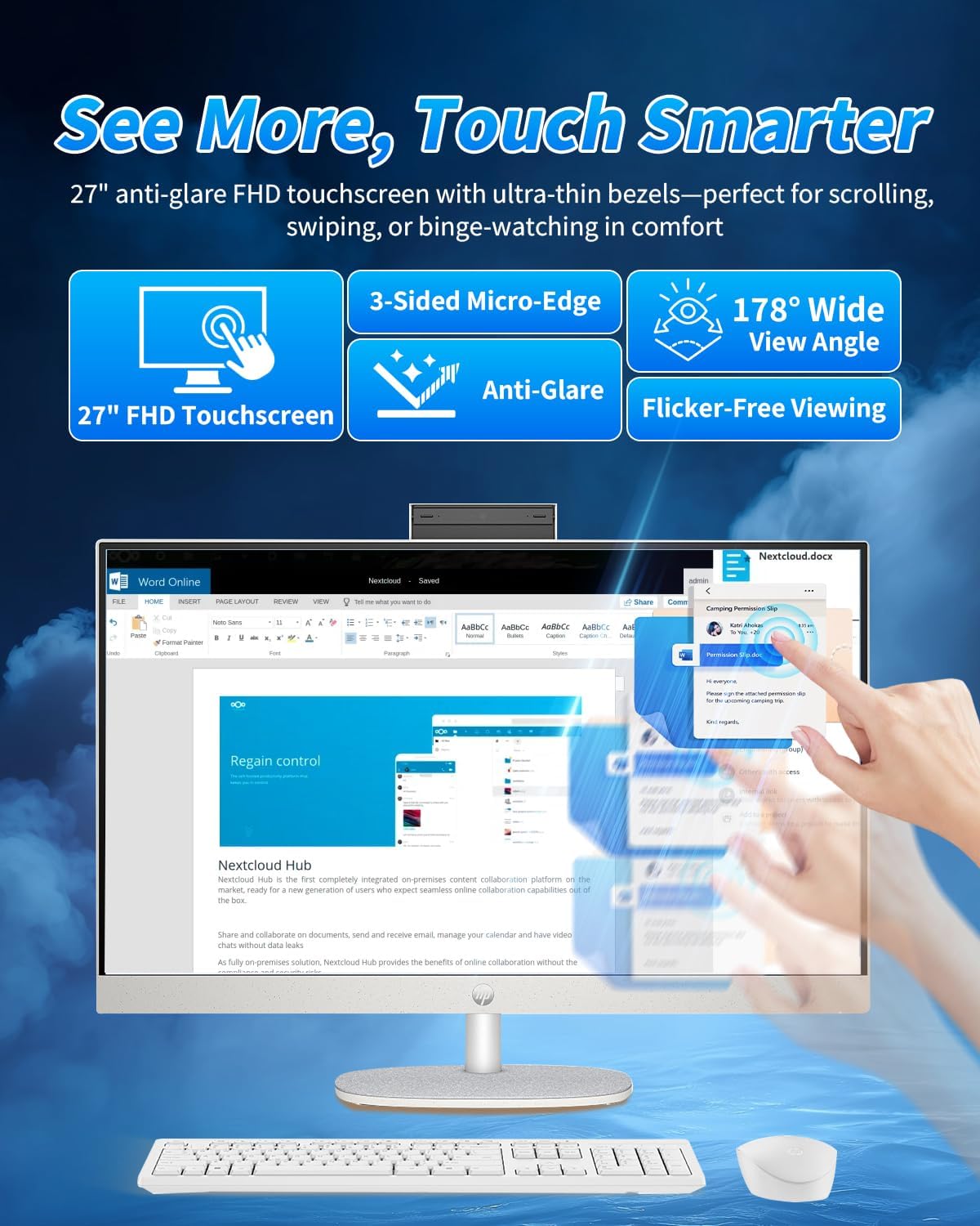 HP 27" All-in-One Desktop Computer - FHD Touchscreen | Intel Ultra 7‑155U | AI‑Enhanced Display, Facial Login | Privacy Pop‑Up Camera | Win 11 Pro, w/Accessories | 64GB DDR5 + 2TB SSD