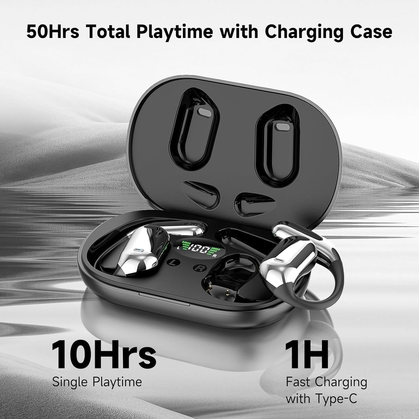 Open Ear Clip Wireless Earbuds Bone Conduction Headphones, Bluetooth 5.4, Open Ear Design, Built-in Mic, IPX7 Waterproof, LED Display Charging Case,Ear Hooks Ear Buds,Design for Running Fitness