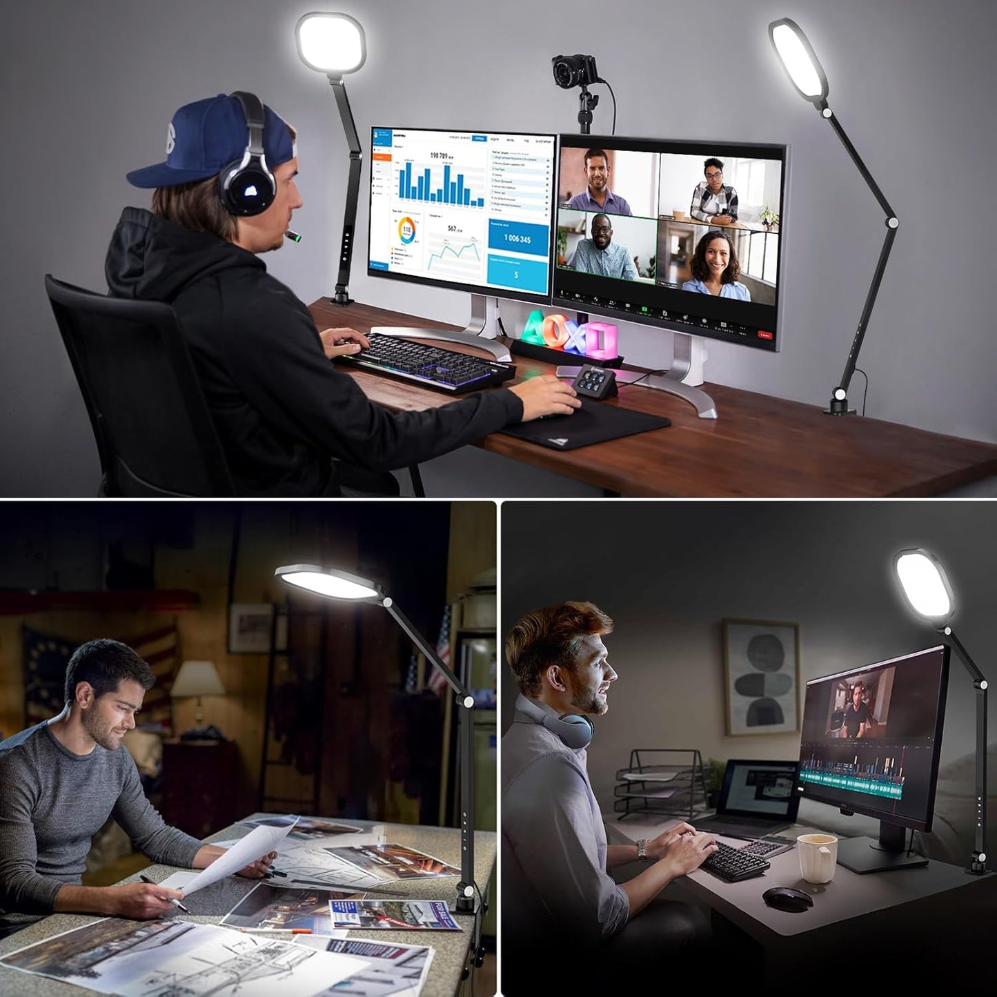 2 Packs Video Conference Light for Computer, 15W LitONES Desk Light for Zoom Calls Meeting with C-Clamp & Metal Swing Arm, Podcast Lighting Kit with Remote, Memory & Timing CRI＞95