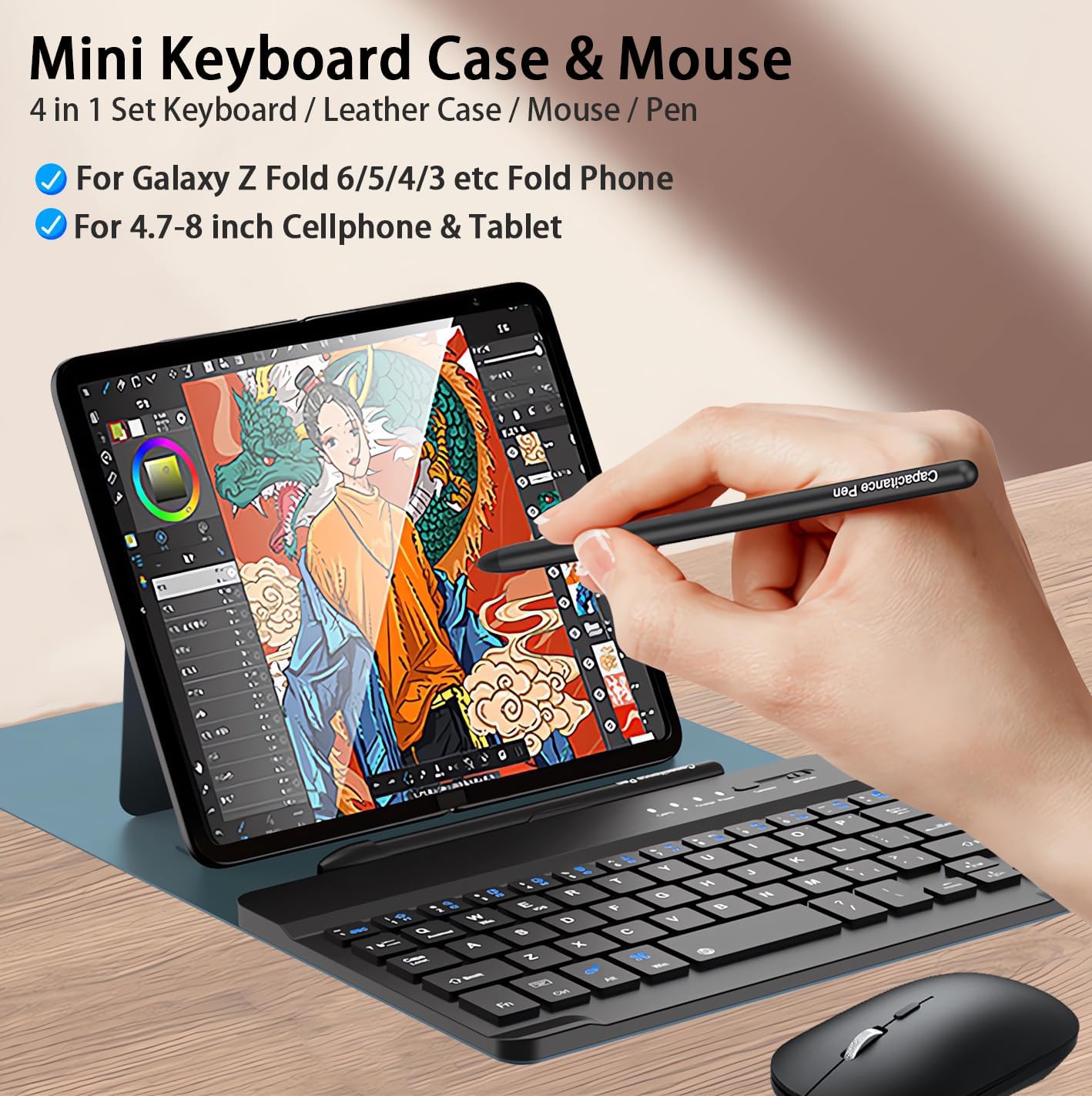 for Samsung Galaxy Z Fold 7 6 5 Keyboard and Mouse, Portable Mini 7.9 inch Bluetooth Keyboard with Leather Case and Capacitive Pen, 4 in 1 Set for Z Fold7 6 Accessories,Green