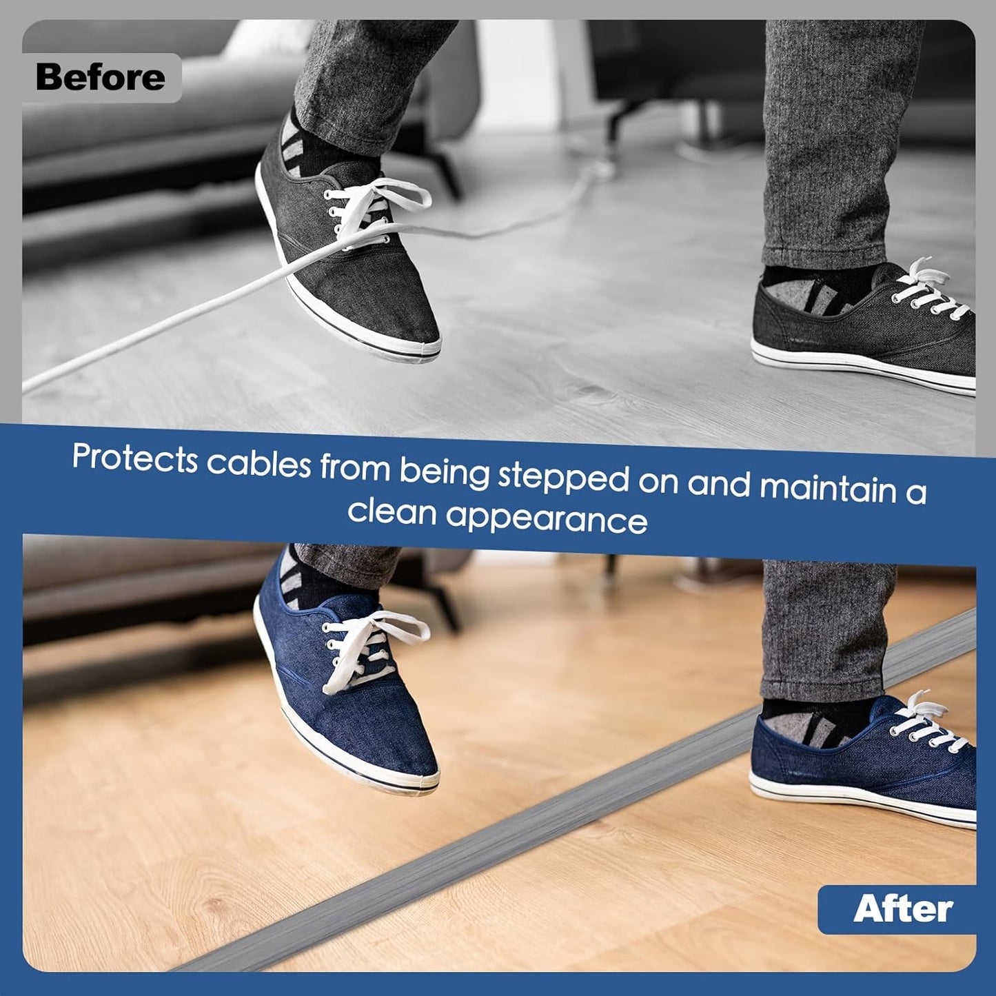 Floor Cord Cover for Wires on Floor Self Adhesive Cord Hider Floor Cable Management Wire Covers for Cords Protector Prevent Cable Trips Cord Cavity W 0.51" x H 0.31", Gray Wood, 10Ft