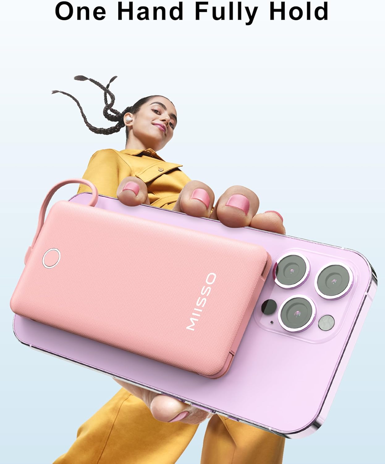 10000mAh Slim Portable Charger with Built in Cable, Power Bank Travel Charger External Battery Pack for Phone, 4 Output USB Type C Cord Clutch Charger Compatible with iPhone, 2 Pack Black & Pink