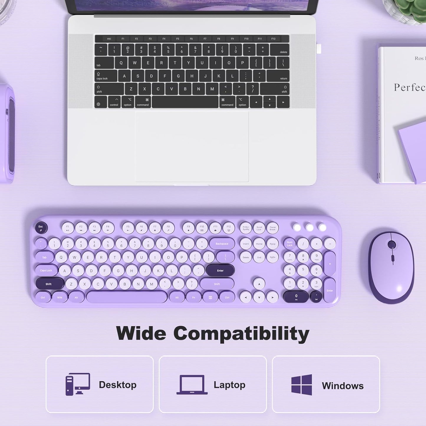 KNOWSQT Wireless Keyboard and Mouse Combo - Lovely Violet Rainbow Full-Sized Typewriter Colorful Keyboards, Round Keycap USB Plug Play Retro Cute Keyboards for Windows, Laptop, PC, Desktop, Computer