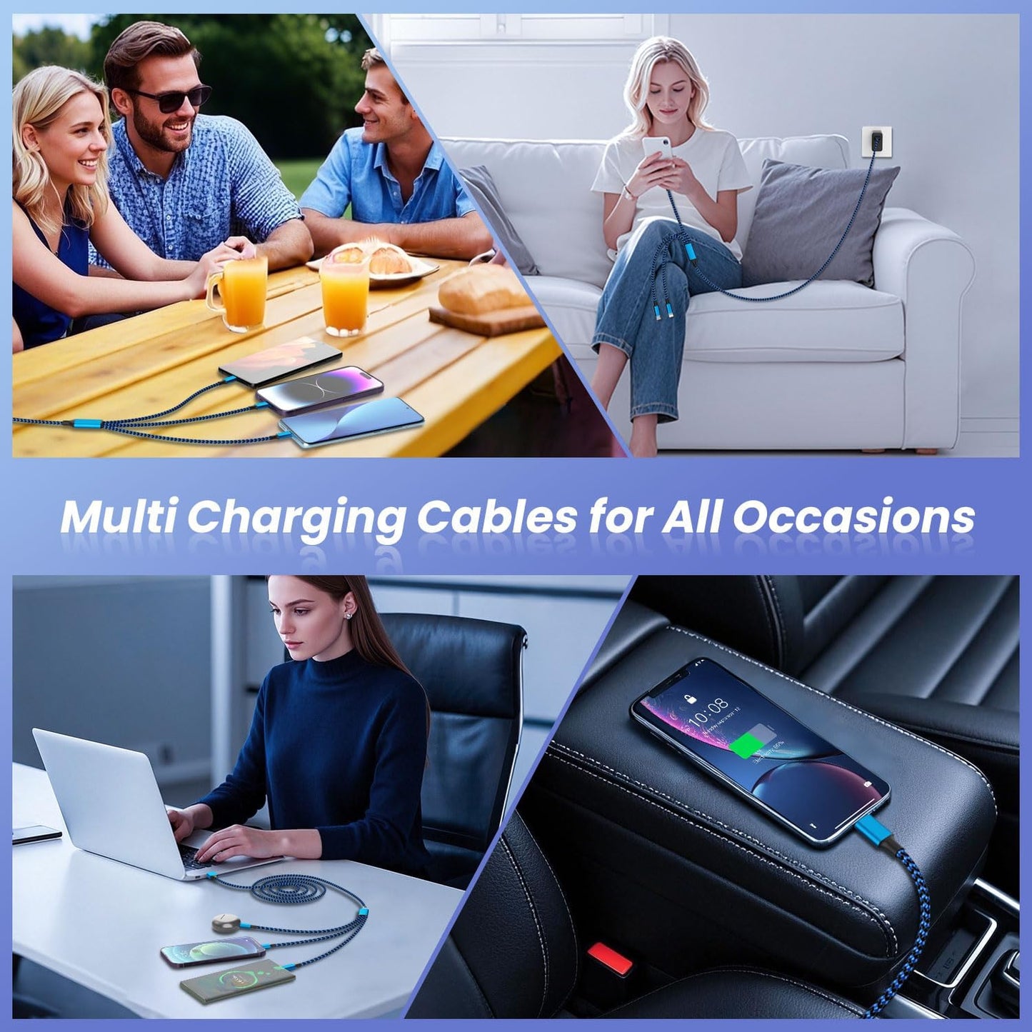 Multi Charging Cable(3Pack 4FT), 3 in 1 Charging Cable for Multiple Devices, USB-A Multi Charger Cord with Type-C, Micro USB and IP Port for iPhone 16/15/14/13/iPad/Android/Tablets and More