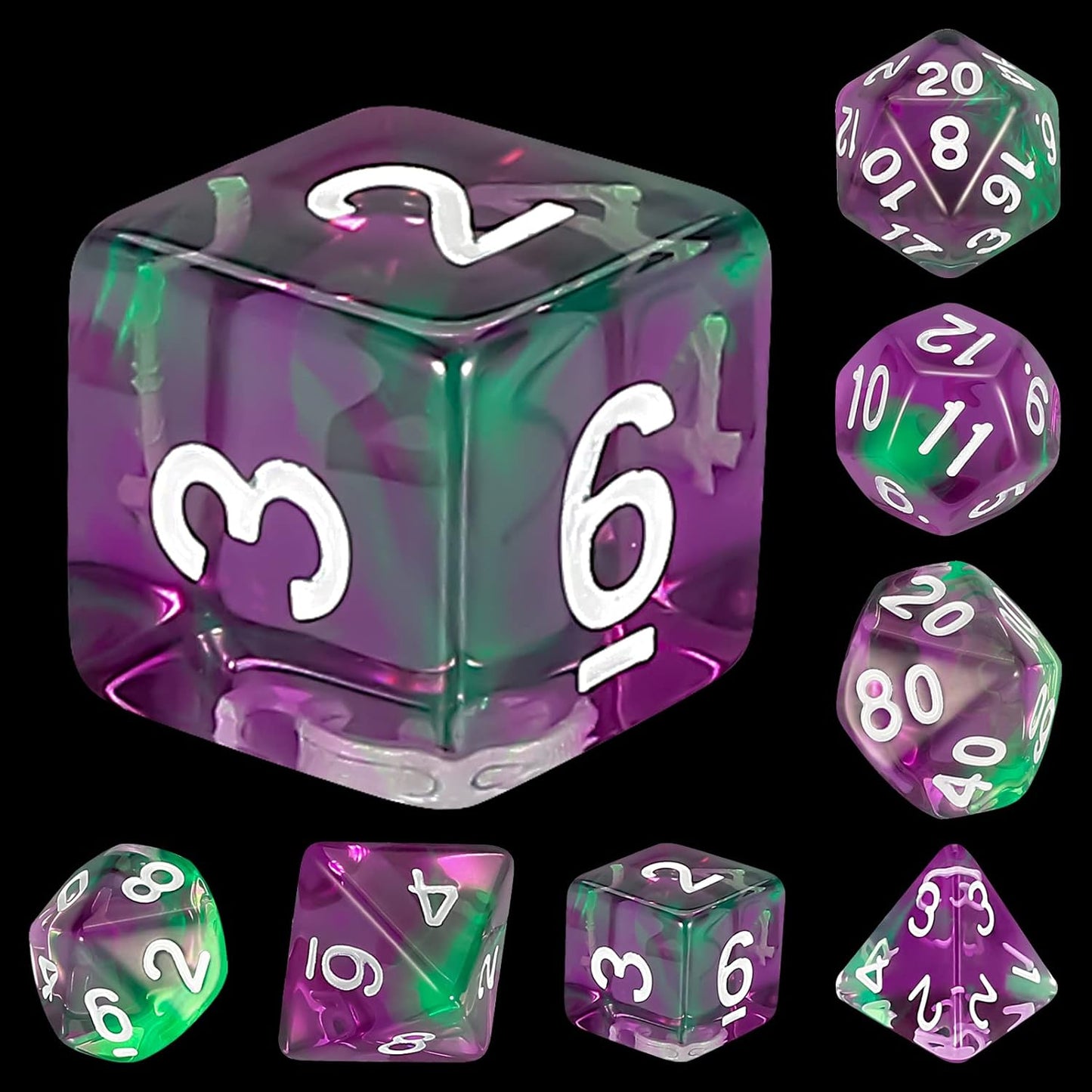 QMAY DND Dice Set -D&D Polyhedral Dice (7 Pcs) for Dungeons and Dragons (Purple Green Transparent)