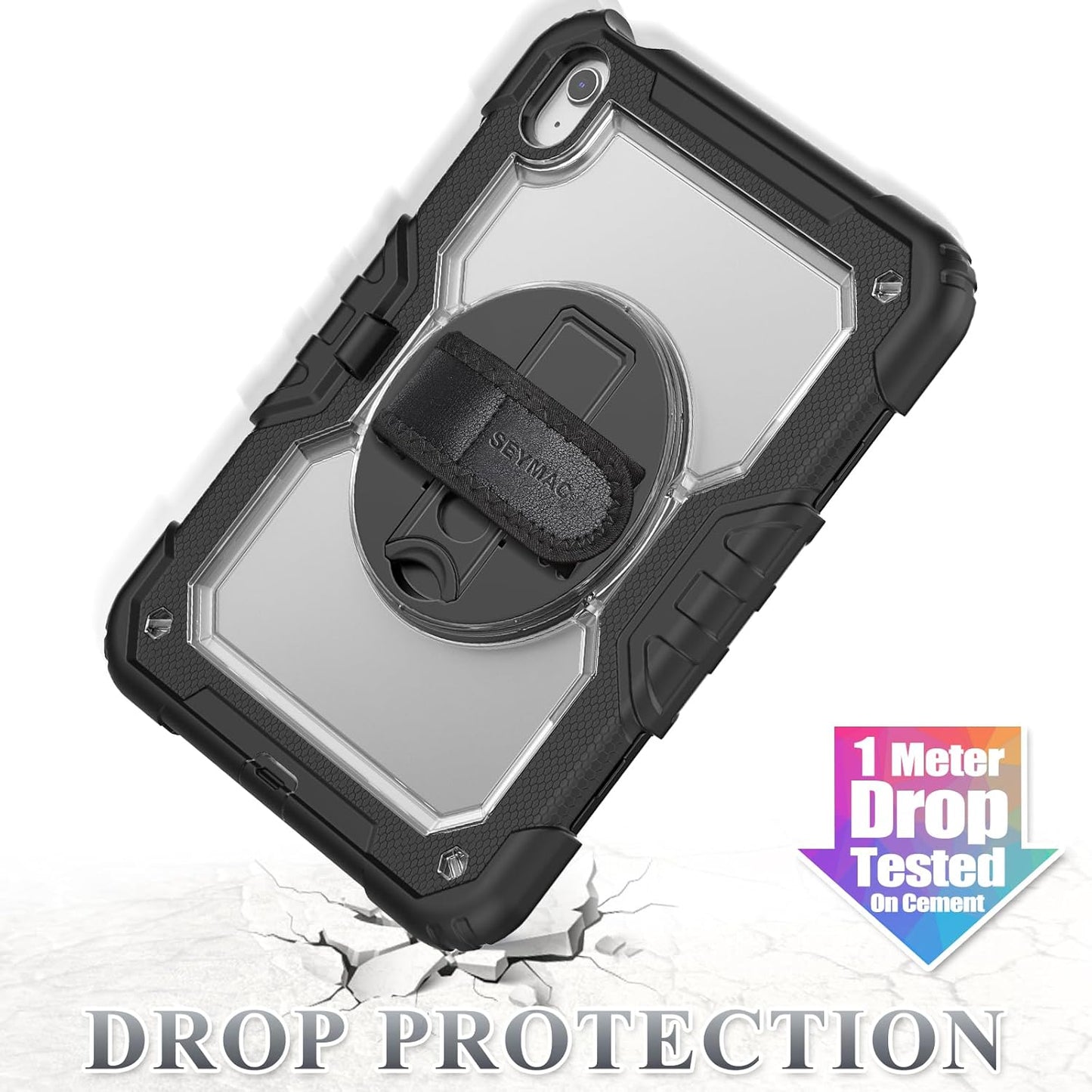 SEYMAC stock Case for iPad (A16) 11th/10th Generation 11''/10.9'' 2025/2022, Full-Body Drop Protection Case with Screen Protector &360° Rotate Hand Strap/Stand, Transparent+Black