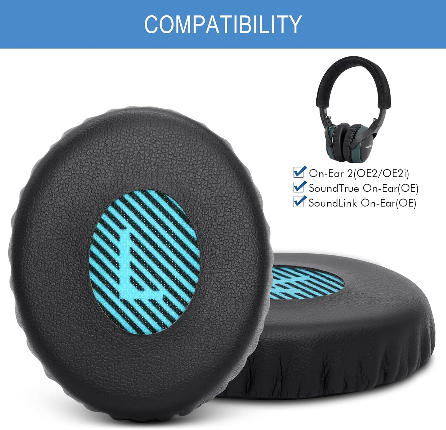 GEVO Ear Pads Cushions Replacement for Bose On-Ear 2 Headphones,Earpads for Bose OE2/OE2i/SoundTrue On-Ear/SoundLink, Earpads with High Dense Noise Isolation Foam,Protein Leather,Black&Blue