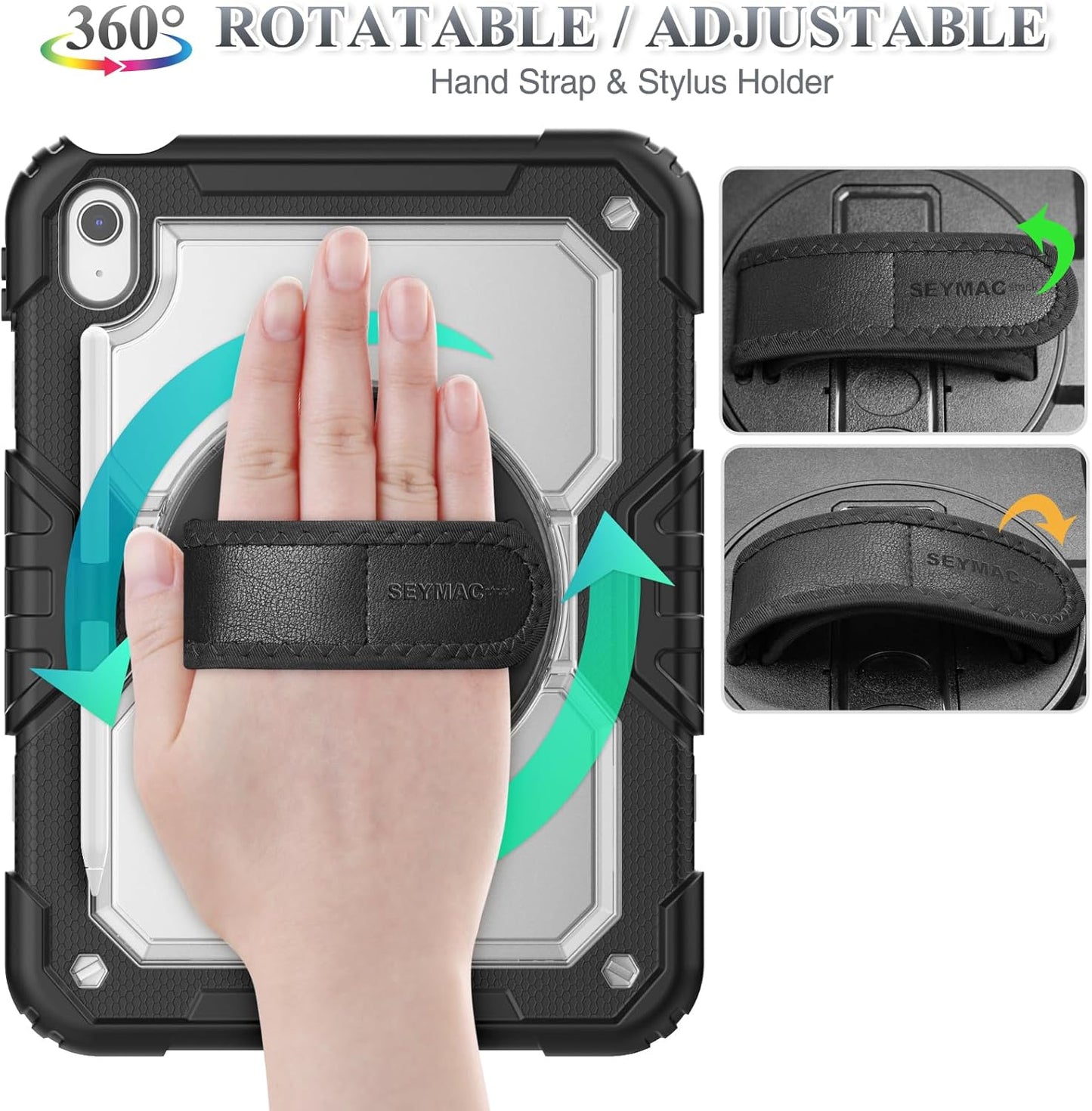 SEYMAC stock Case for iPad (A16) 11th/10th Generation 11''/10.9'' 2025/2022, Full-Body Drop Protection Case with Screen Protector &360° Rotate Hand Strap/Stand, Transparent+Black