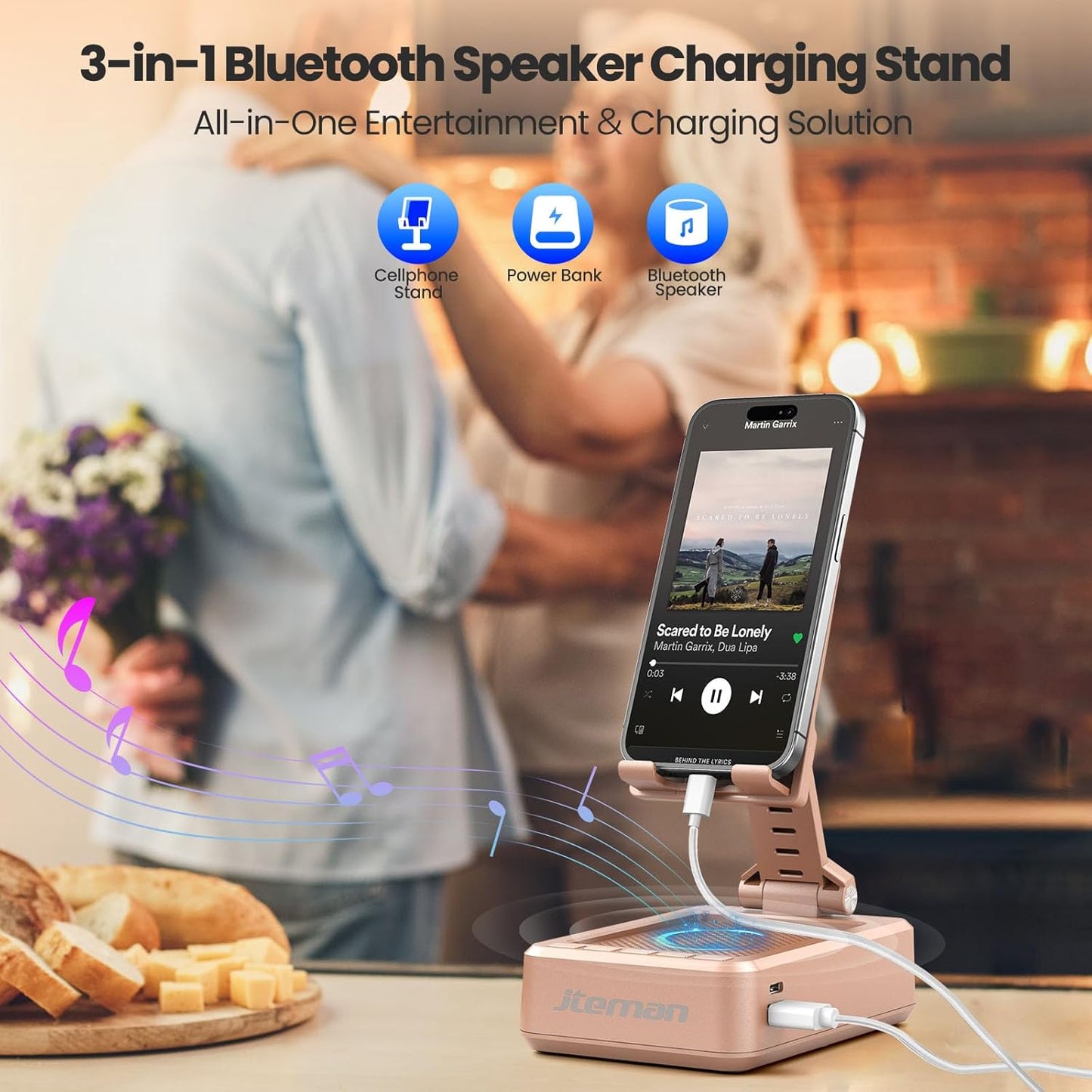 JTEMAN Cell Phone Stand with Bluetooth Speaker and Charging Function,Bluetooth Audio Power Bank Bracket,Birthday Gifts for Men Women,Kitchen Gadgets for Most Phones and Tablets-Rose Gold