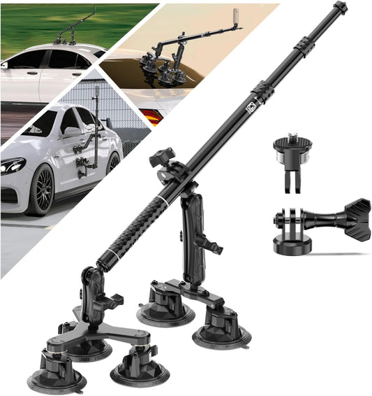 Suction Cup Car Mount - Aluminum Alloy Extendable Selfie Stick, Five 3.5" Large Suction Cup Car Windshield Camera Mount with Tripod Adapter Compatible with GoPro Insta360 DJI Action Cameras