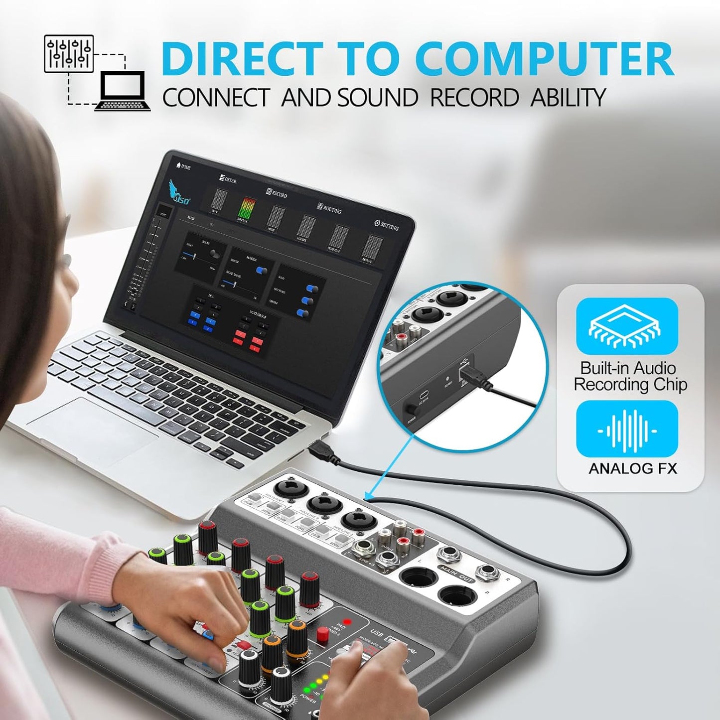 Aveek Professional Audio Mixer, Sound Board Mixing Console with 5 Channel Digital USB Bluetooth Echo Delay Effect, Input 48V Phantom Power Stereo DJ Mixers for Recording, Live Streaming, Podcasting