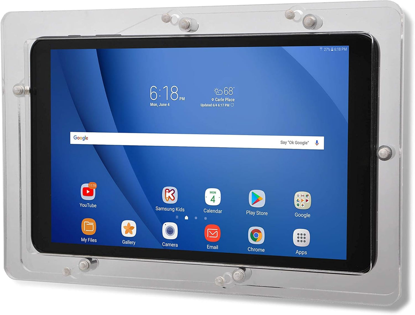 TABcare Anti-Theft Acrylic VESA Enclosure for Galaxy TAB A E S 8" 8.4" Tablet with Free Wall Mount Kit & 90-Degree Angle Charge Cable (TAB A 8.0 2018 SM-T387, Clear)