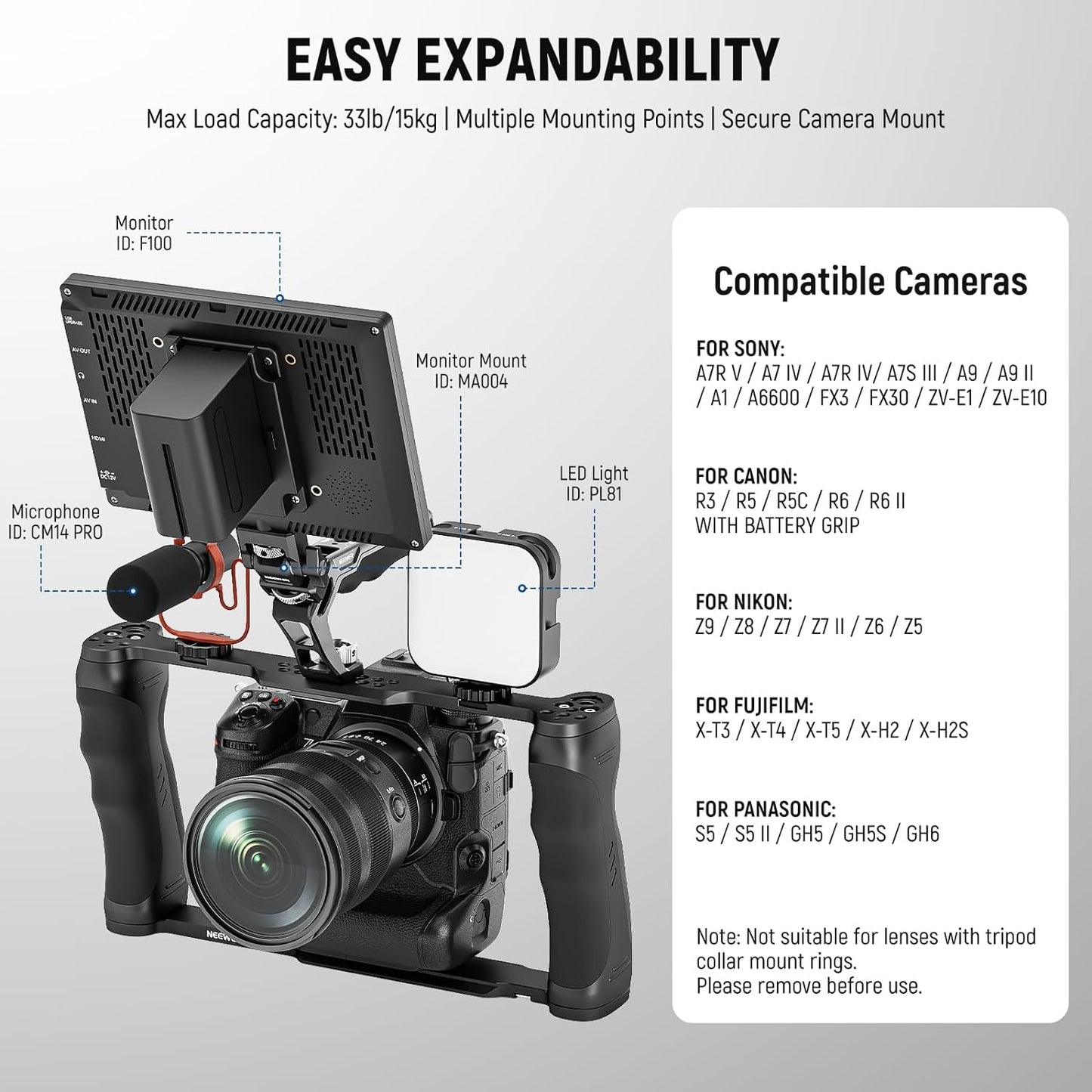 NEEWER Universal Camera Cage & Top Handle with 3/8" ARRI Locating Pins Kit, Video Rig Camera Stabilizer with Arca Type Base, Dual Handgrips, Compatible with SmallRig Accessories, CA016T