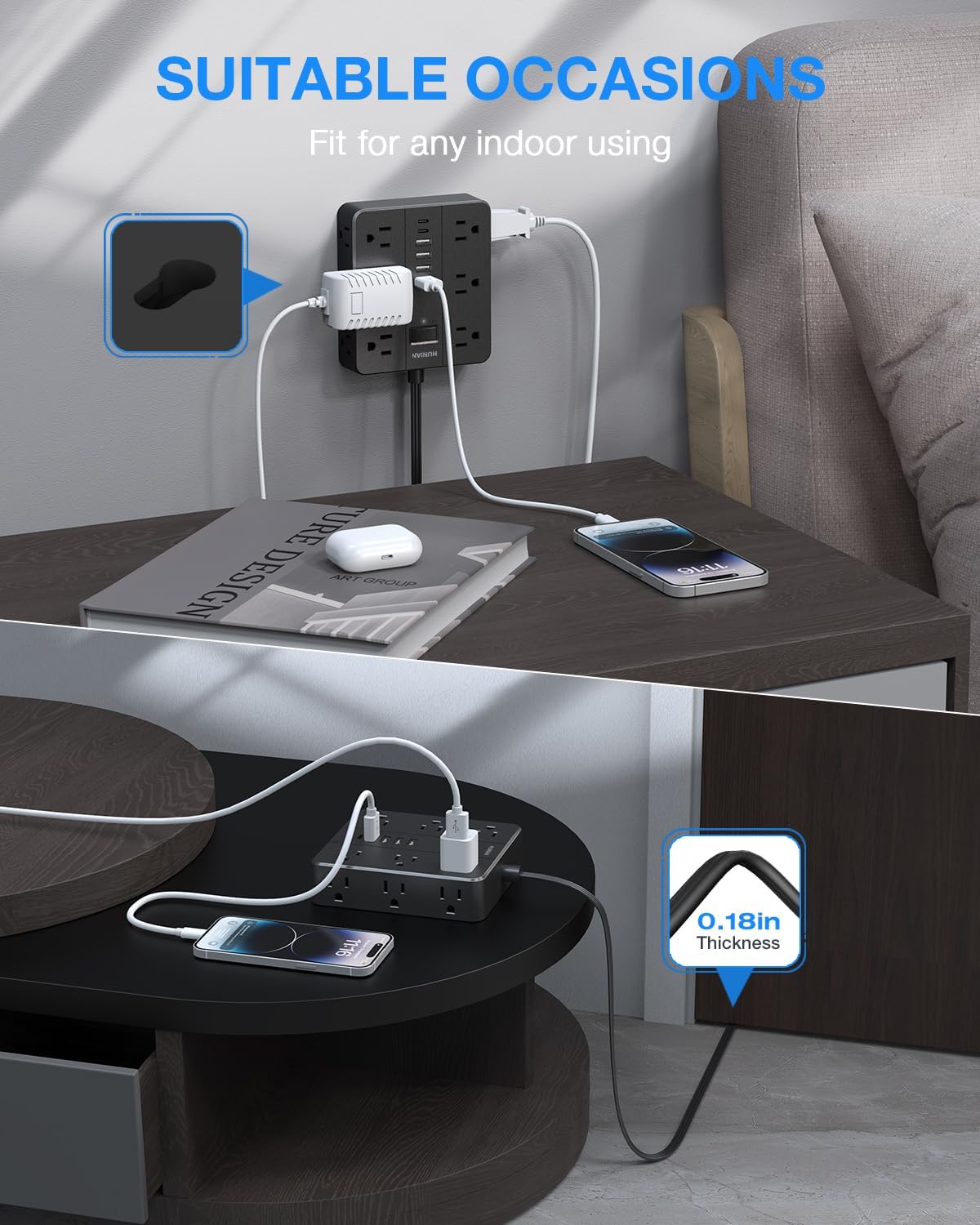 Surge Protector Power Strip 15 Ft Cord, HUNIAN Flat Plug Extension Cord with 12 Widely Spaced Outlets 6 USB Charger (2 USB C Ports), Desk Charging Station for Home Office Supplies, Dorm Room, Black