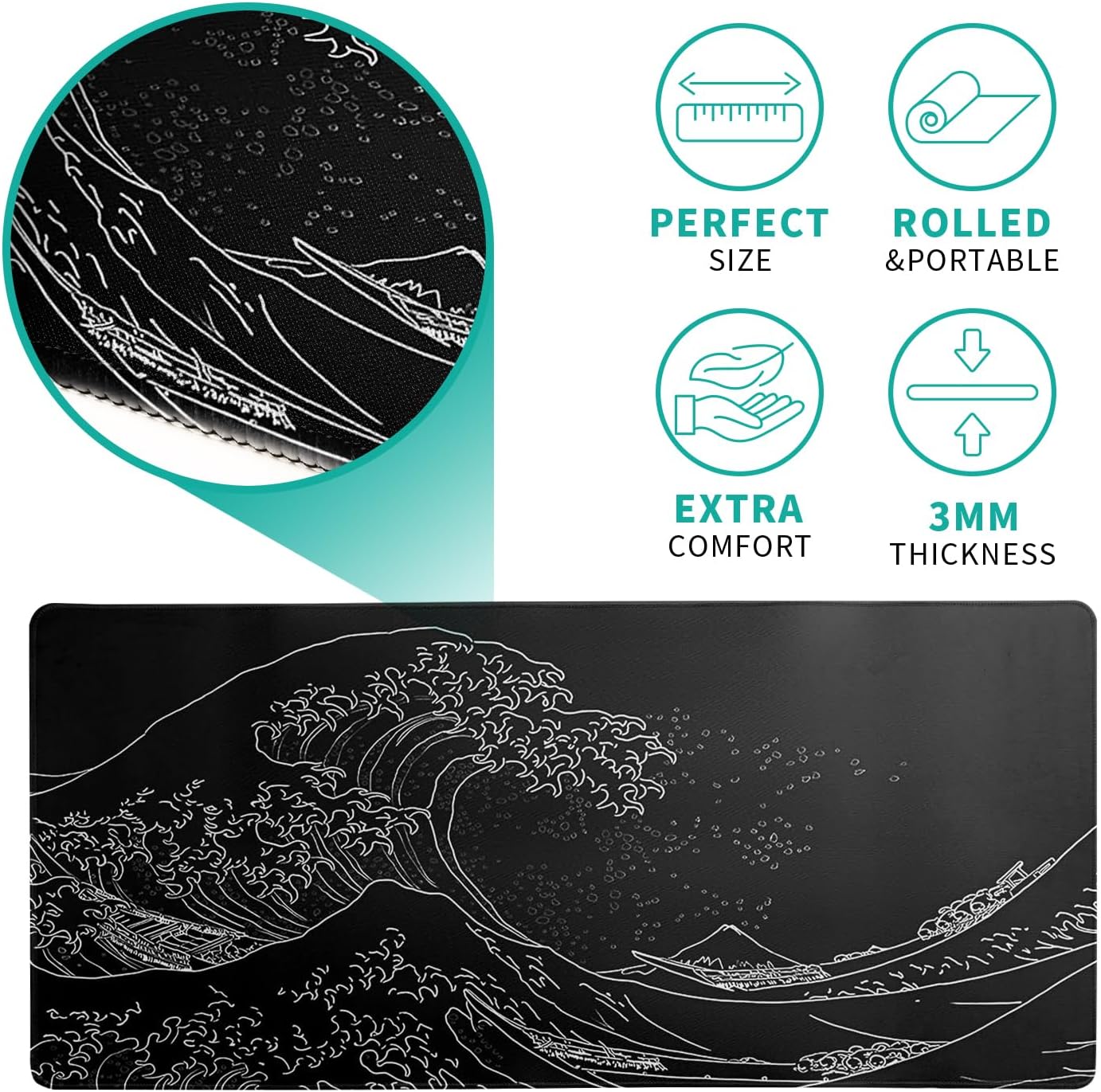 Japanese Gaming Mouse Pad Abstract Black Mouse Pad 31.5x11.8 Inch Black Sea Wave Texture Non-Slip Rubber Base Large Ocean Mousepad Stitched Edges Keyboard Mouse Mat Desk Pad for Office and Home