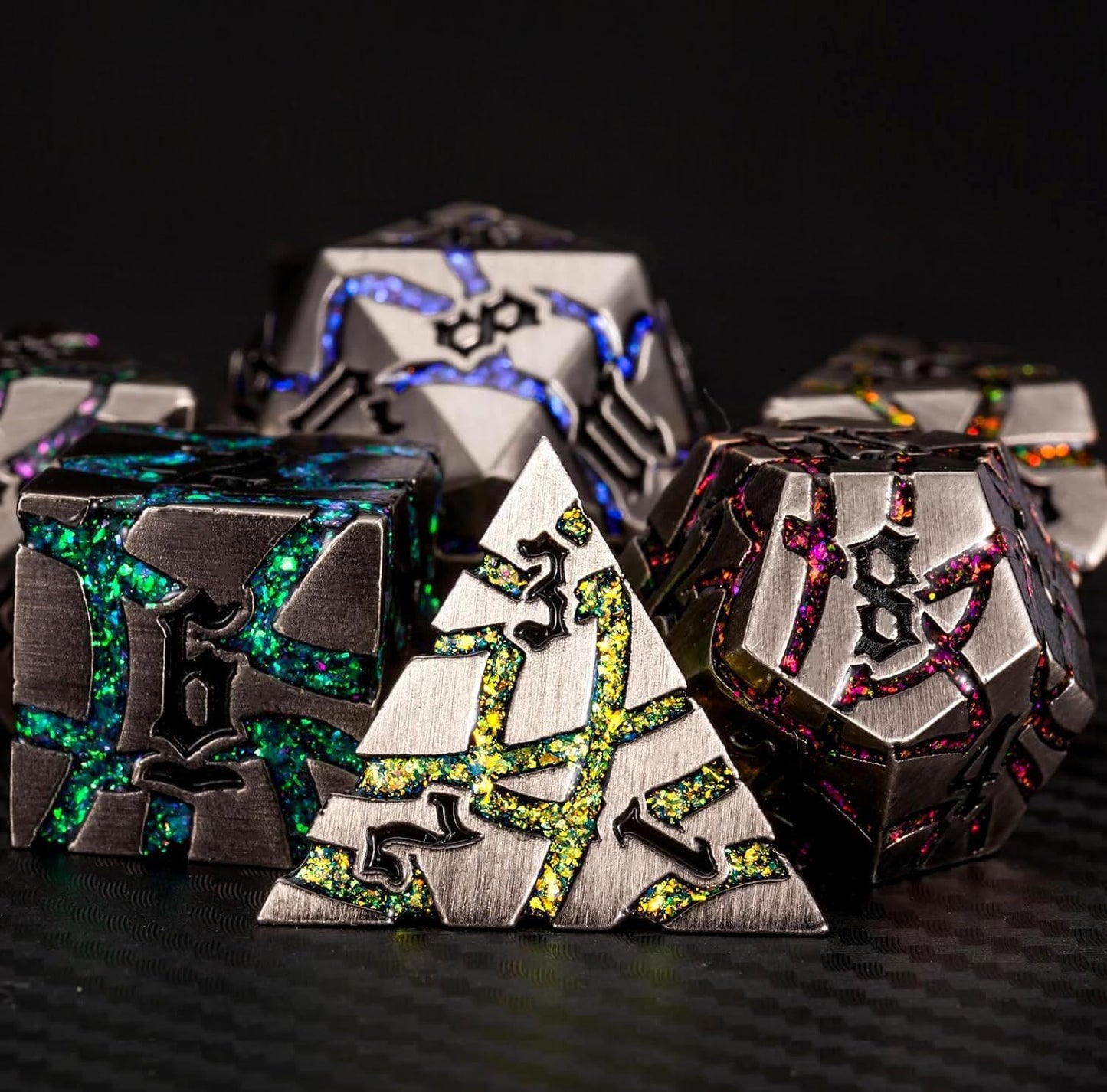 Metal Dice Set D&D,Crack Metallic DND Dice Set with Box, Metal Glitter RPG Dice for Dungeons and Dragons Table Game(Antique Nickel 7 Colors)