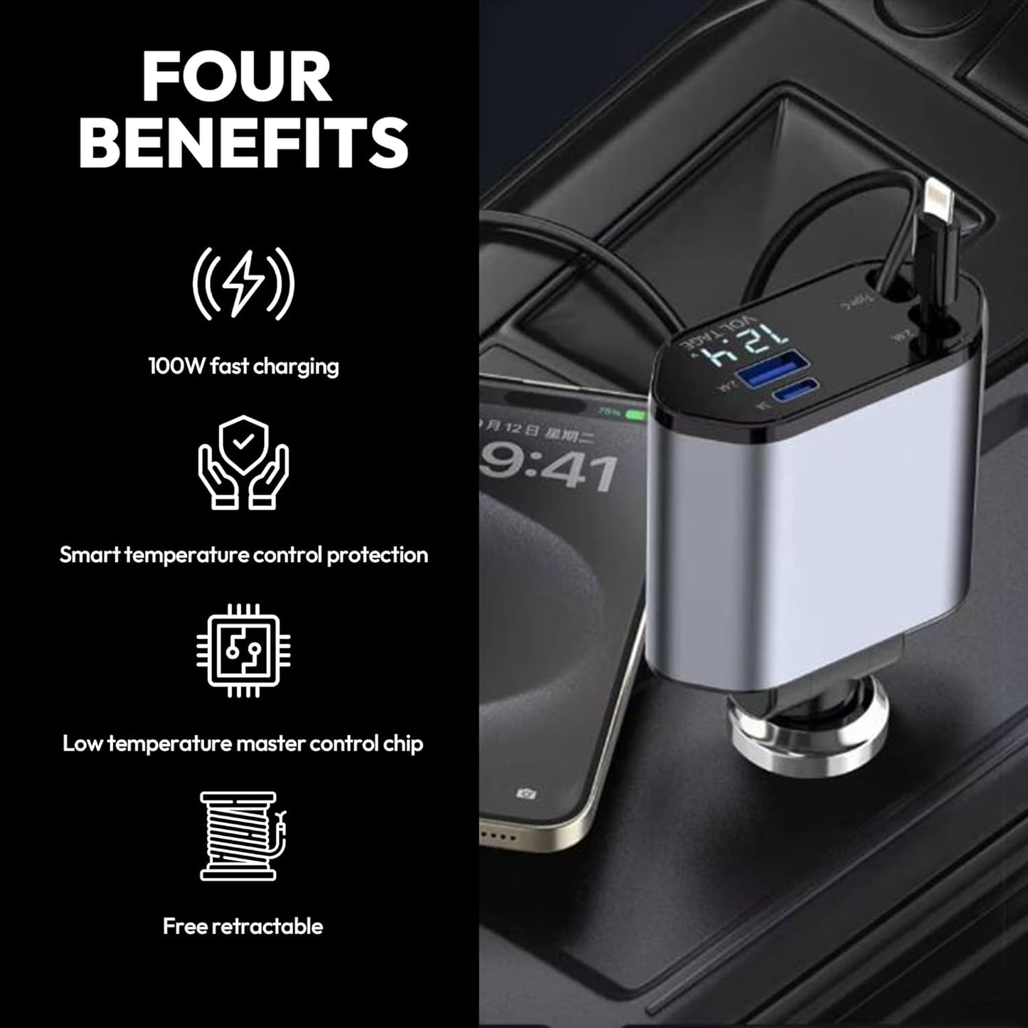 120W Retractable Car Charger 4-in-1 USB-C & Lightning Cable – Fast Charging Adapter for iPhone 16/15/14, Samsung, Android | USB Type-C Port + LED Voltage Display | Multi-Device Car Charger