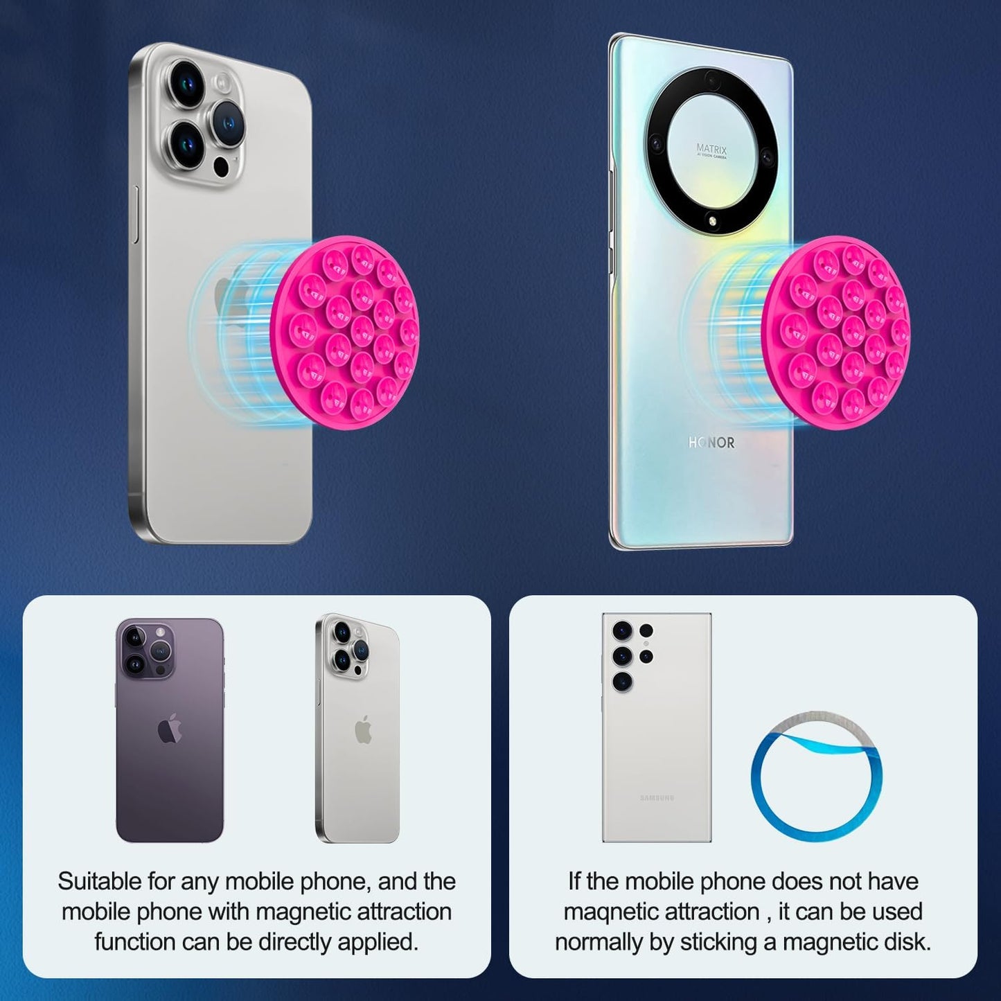 Silicone Suction Cup Phone Mount, Magnetic Suction Phone Case Stand, Mirror Shower Phone Holder, Perfect for Selfies and Videos Creators, Hands Free Holder Mount-Hot Pink