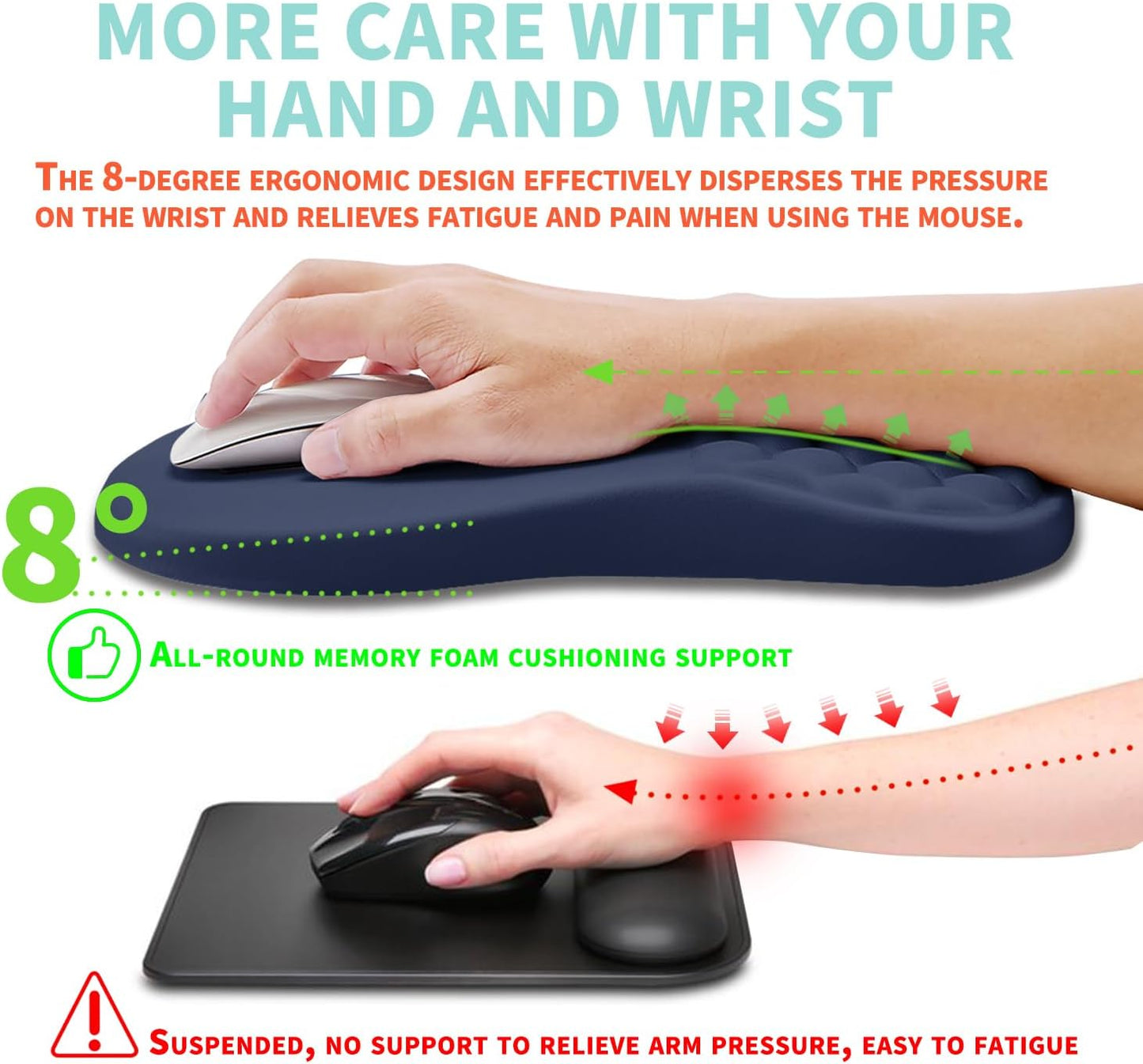 Ergonomic Mouse Pad Wrist Support with Memory Foam Massage Bulge, Carpal Tunnel Pain Relief Mousepad Wrist Rest for Mouse(12x8 inch, Dark Blue)