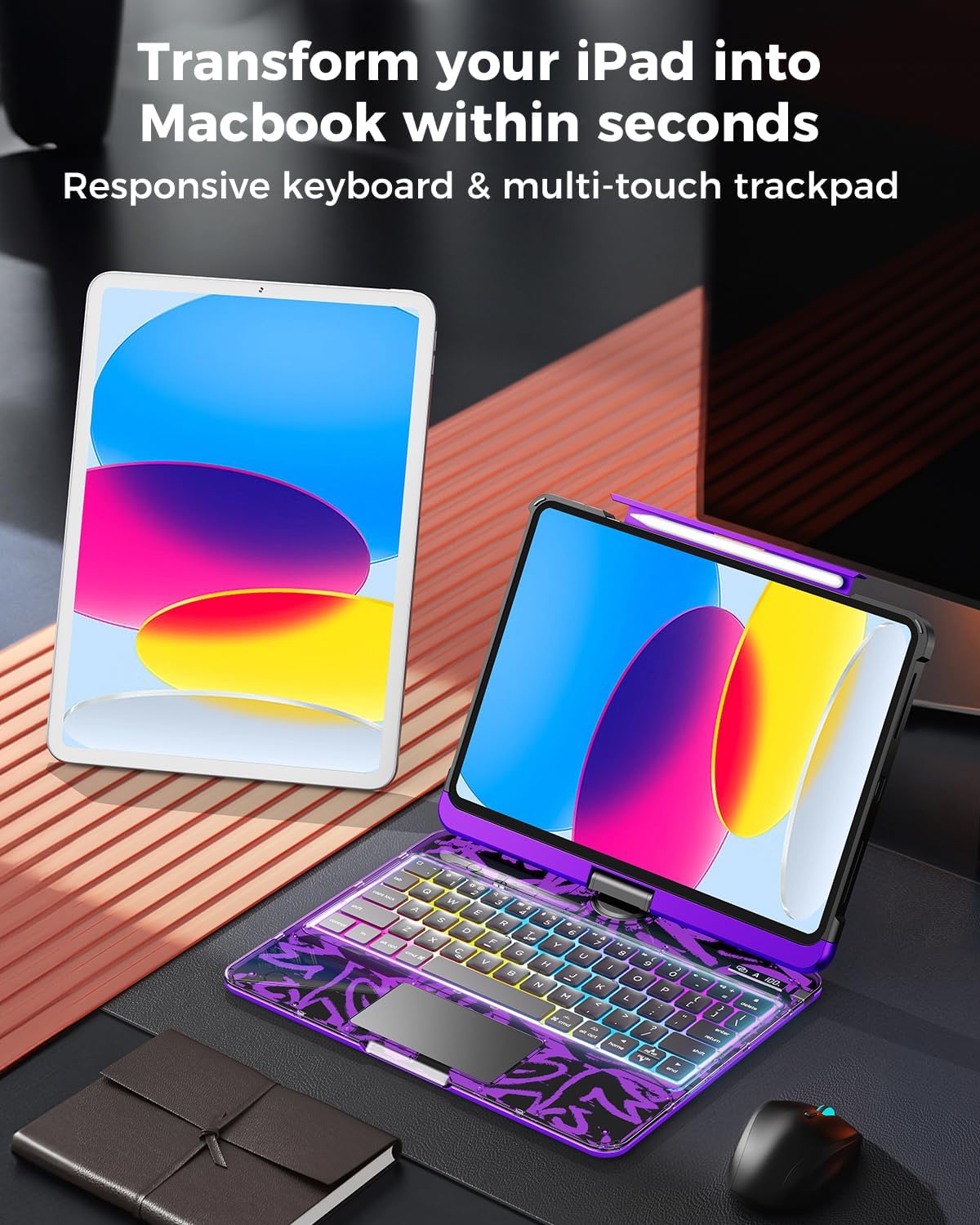 SIBEITU Keyboard Case for iPad A16 11th Gen 11" 2025 & 10th Gen 10.9" 2022, Clear Wireless Keyboard Protective Cover with Multi-Touch Trackpad, 7-Color Backlight & 3-Brightness, 360 Rotatable, Purple
