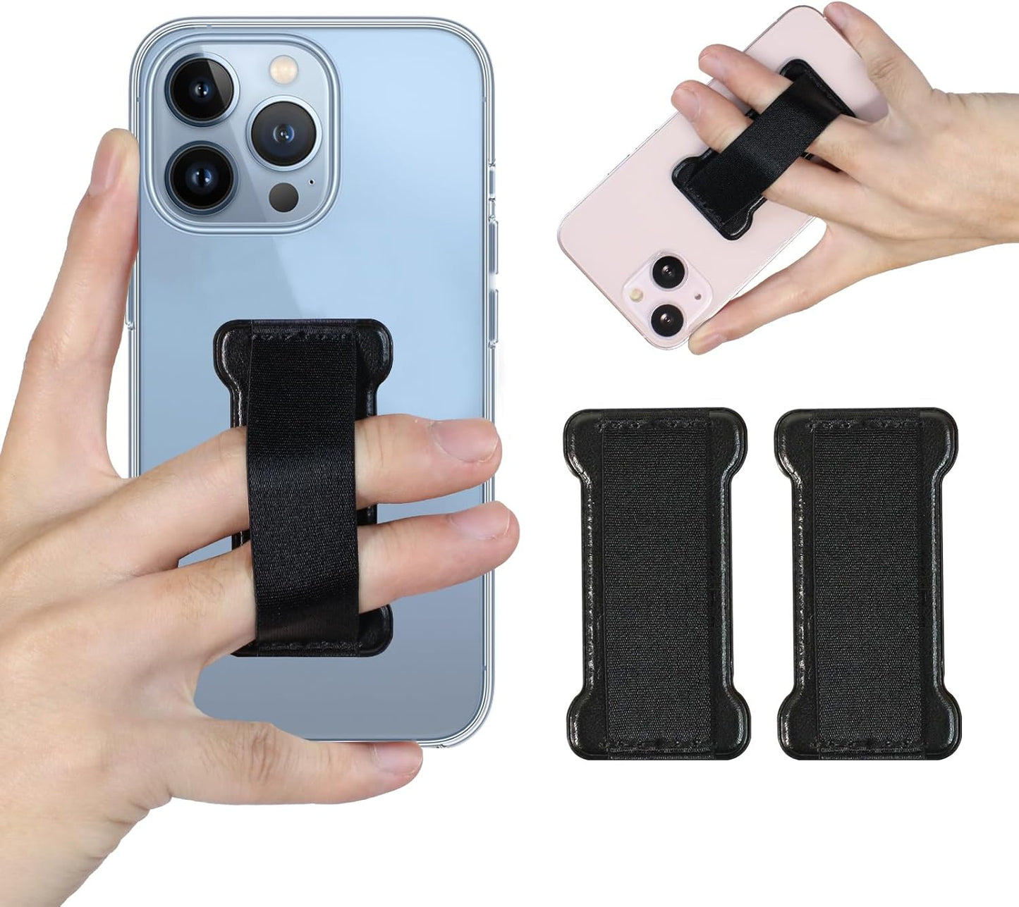 Phone Grip Holder for Hand, Universal Finger Strap Phone Holder, Finger Selfie Grip Compatible with Most Smartphones (PU Black) - 2Pack