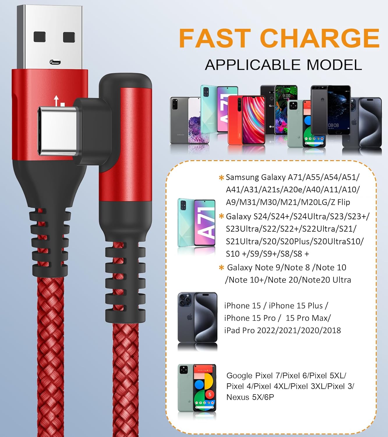 sweguard USB Type C Charger Cable Right Angle [2-Pack,6.6FT] iPhone 16 Charger Nylon Braided Cord for iPhone 15 16 Pro Max Samsung Galaxy S25 S24 S23 S22 S21 S20 S10 S9 Note A15 A55 Flip Pixel LG Moto