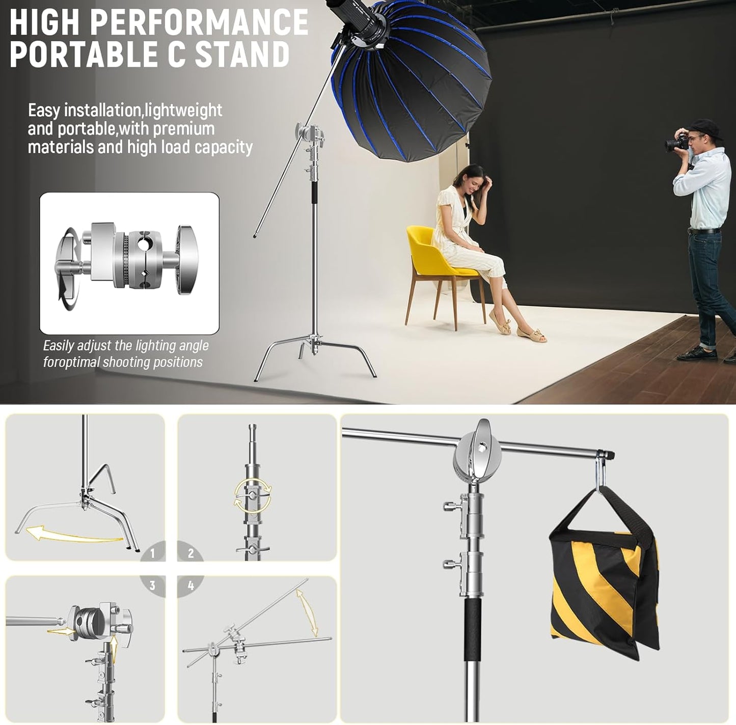 C Stand with Boom Arm Professional Heavy Duty Light Stand with 10.8ft Vertical Pole, C-Stand with 4.2ft Boom Arm, Adjustable Base for Studio Equipment