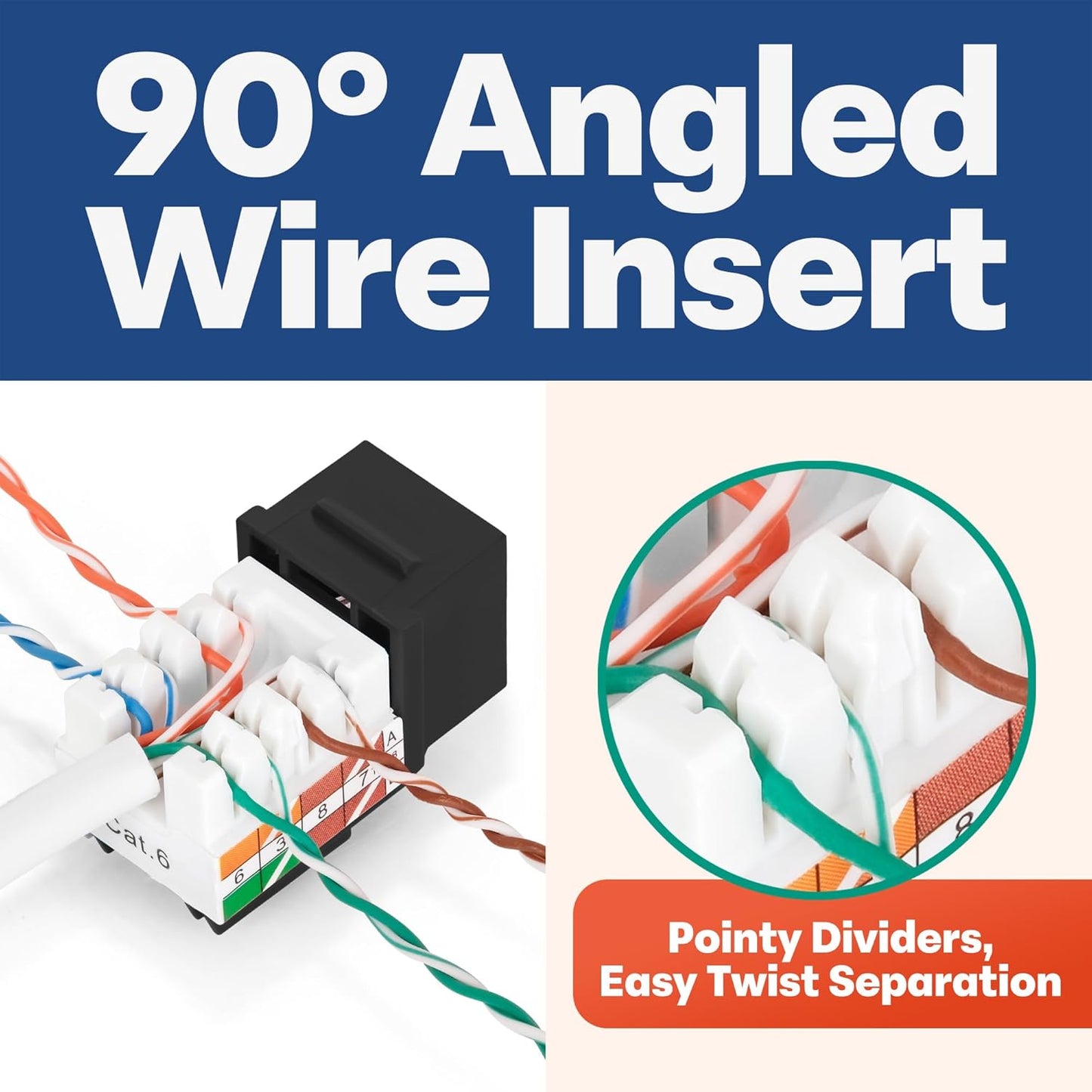 Everest 90° Angled RJ45 Cat6 Keystone Jacks 20-Pack in Black - Slim Profile Female RJ45 Connectors - Cat 6 Keystone Jack - Compatible with 90° Angled Speed Termination Tool - easyJACK (B094WB91H3)