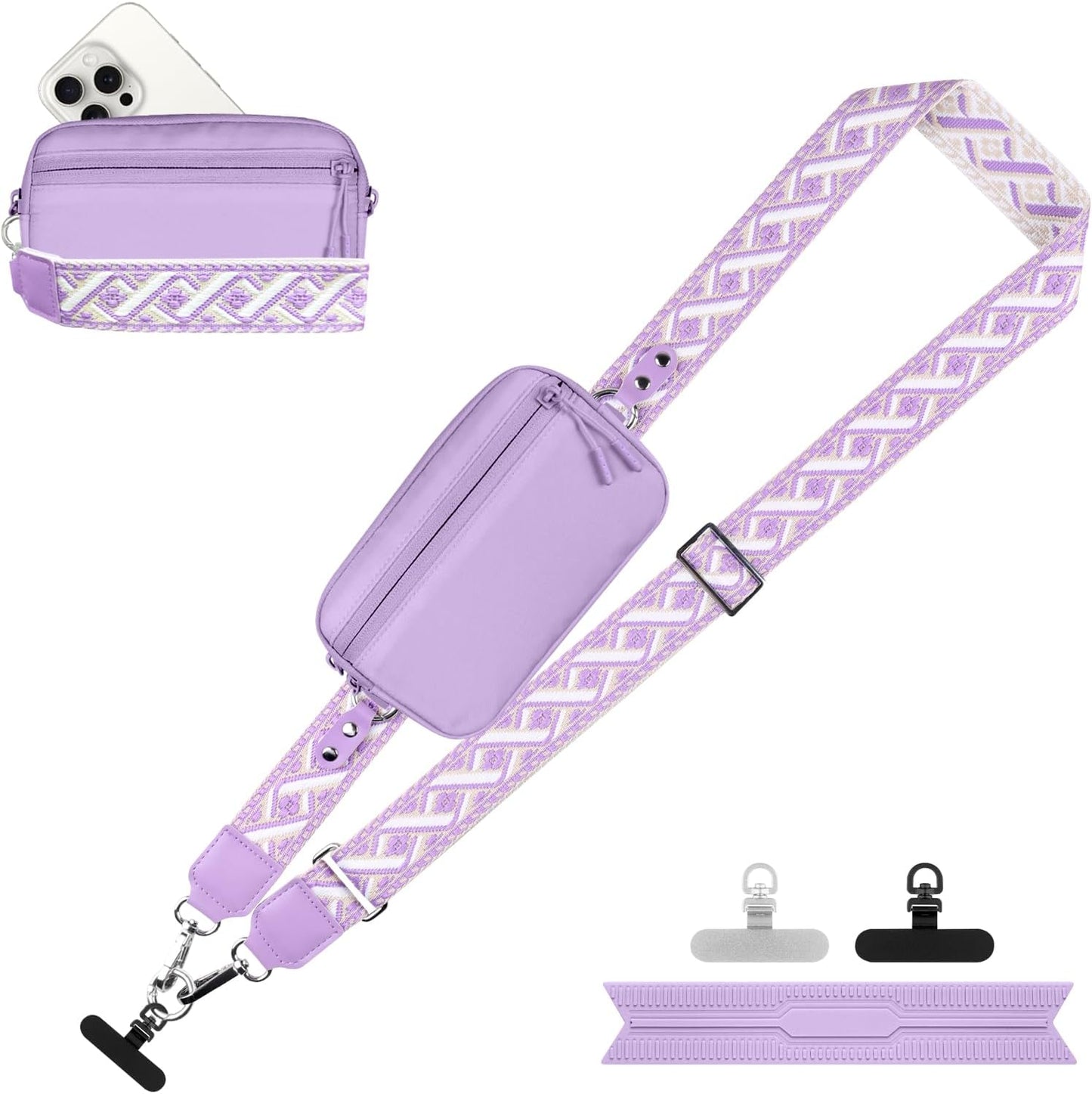 Clip and Go Strap for Phone with Wallet Crossbody, Adjustable Phone Lanyard with Detachable RFID Wristlet Wallet, Pattern Strap - Purple (L)