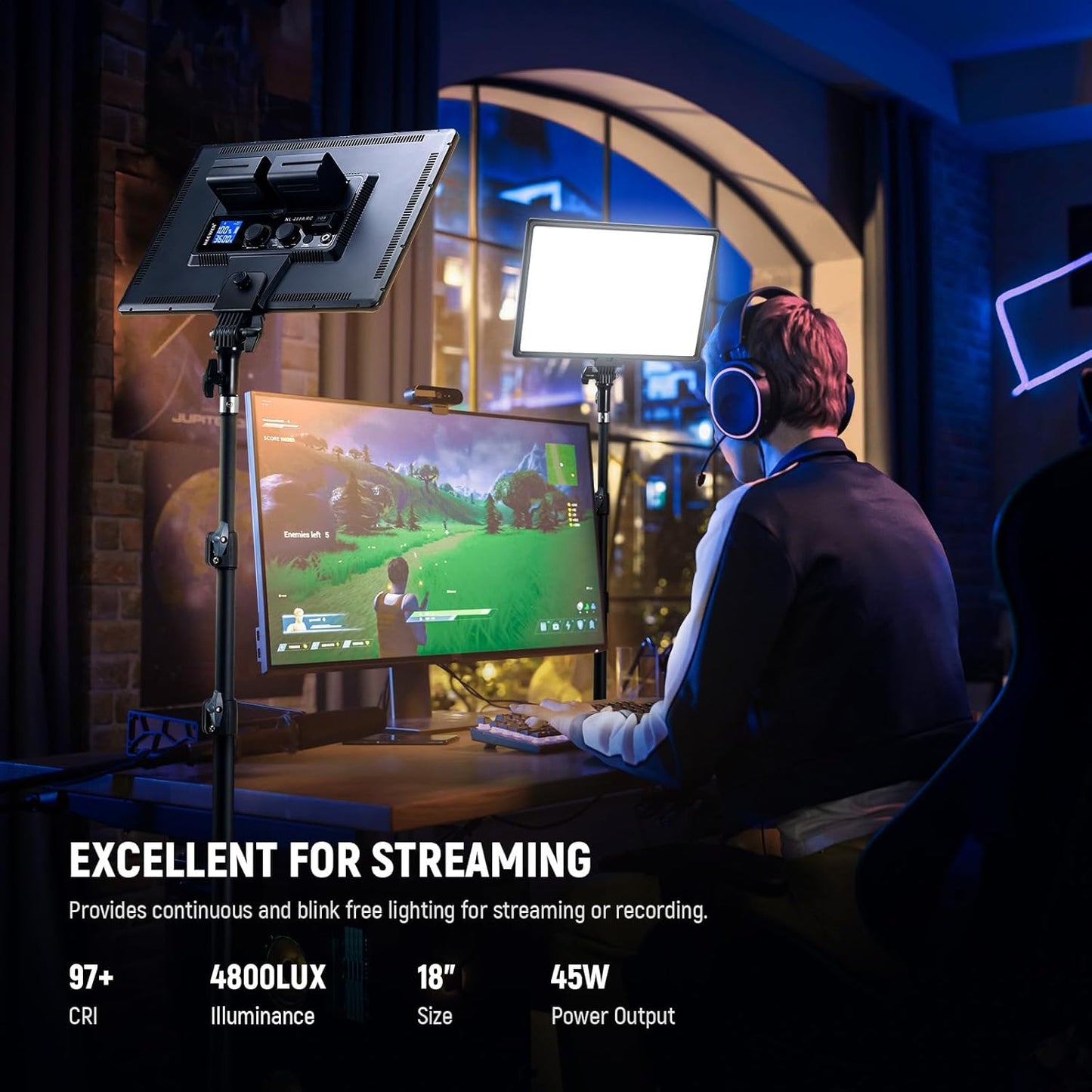 NEEWER 18" LED Video Light Panel Photography Lighting Kit with Tripod Stand Remote Cleaning Cloth, 2 Pack 45W Dimmable Bi Color Soft Studio Key Light 3200K-5600K CRI97+ 4800Lux for Streaming Recording